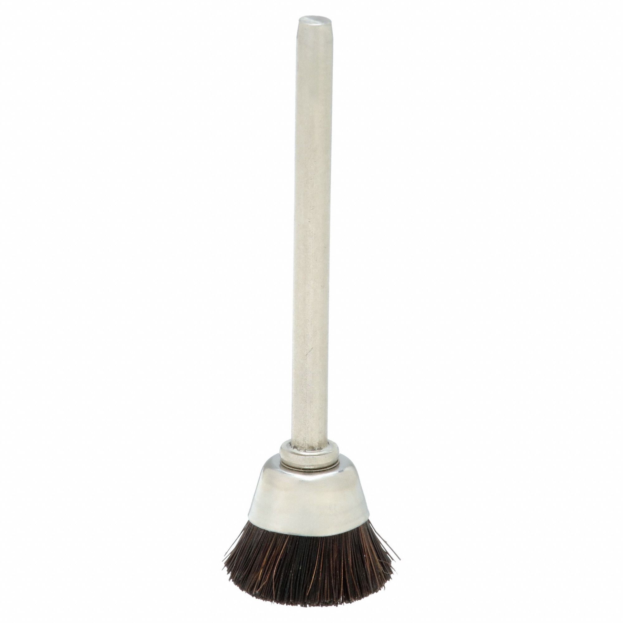 Miniature Cup Brush: Crimped Horse Hair, 9/16 in Brush Dia, 1/8 in Shank, 0.005 in Fill Dia