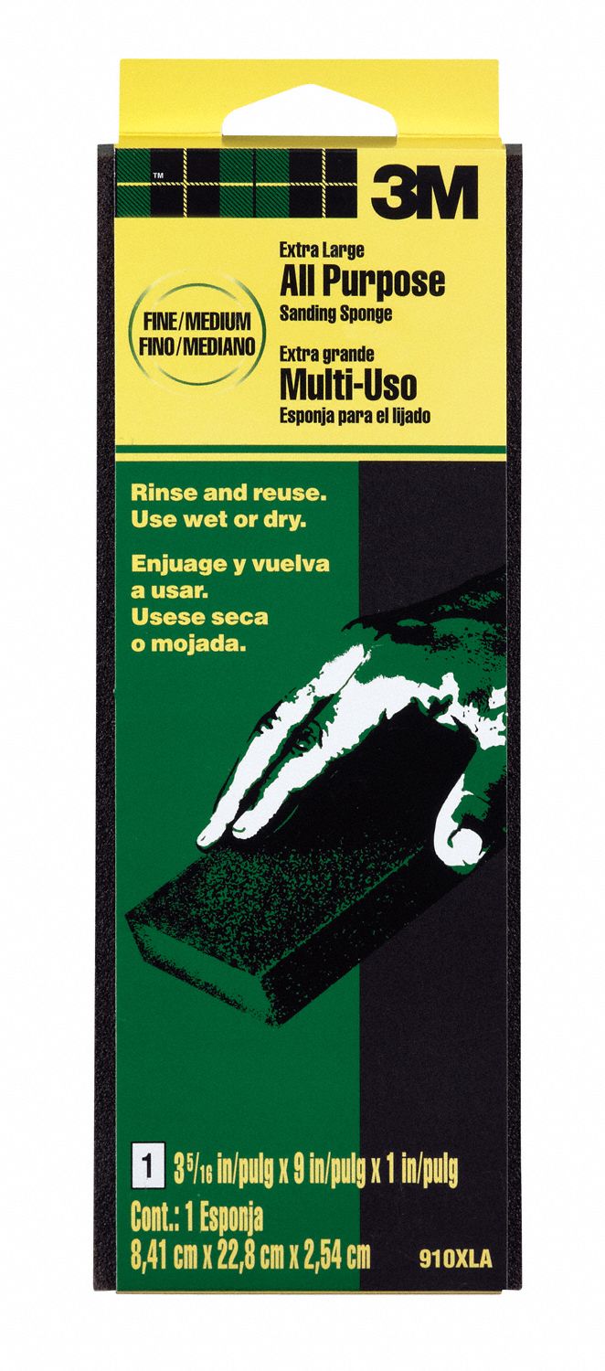 Sanding Sponge: 3 5/16 in W x 9 in L x 1 in T, Aluminum Oxide, Fine/Medium, 120/80 Grit