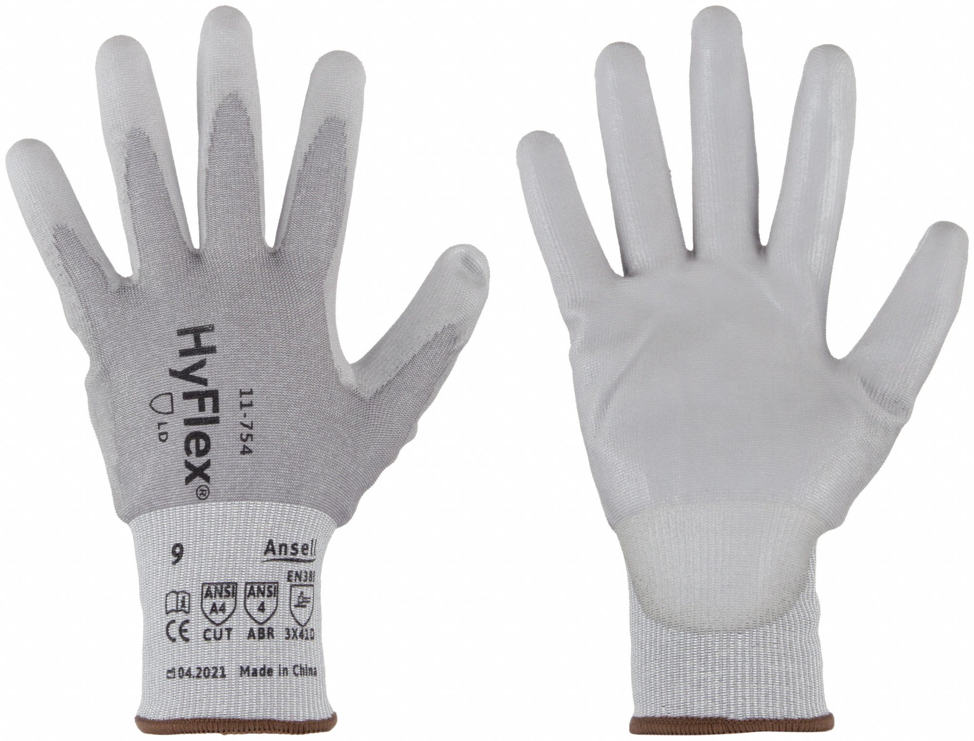 KNIT GLOVES, 2XL (11), ANSI CUT LEVEL A4, DIPPED PALM, PUR, SMOOTH, GREY
