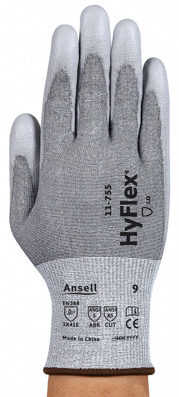 KNIT GLOVES, M (8), ANSI CUT LEVEL A5, DIPPED PALM, PUR, SMOOTH, GREY