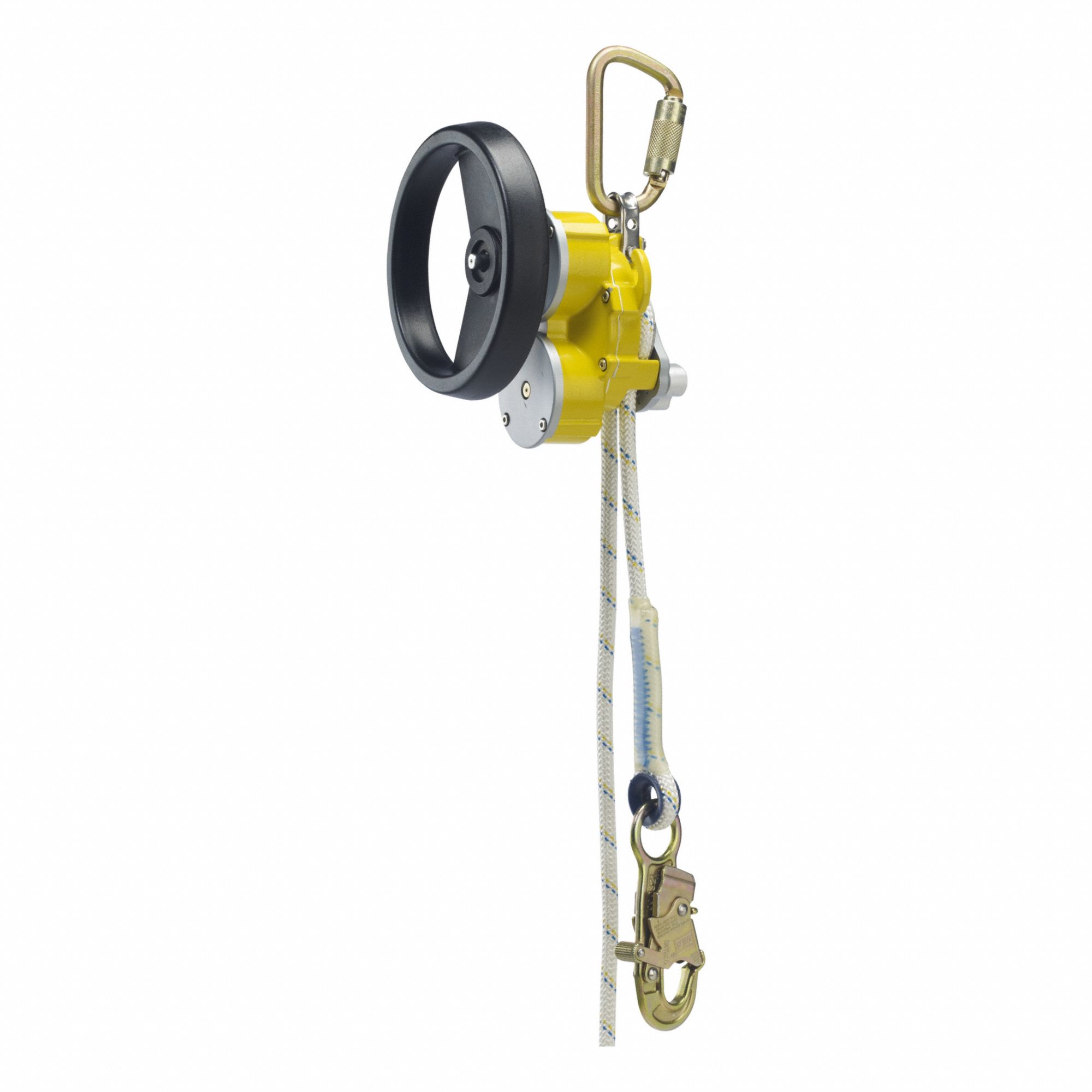 Rescue and Descent Device: Lower, Carabiner, Snap Hook, 100 ft Max Working Lg, Yellow
