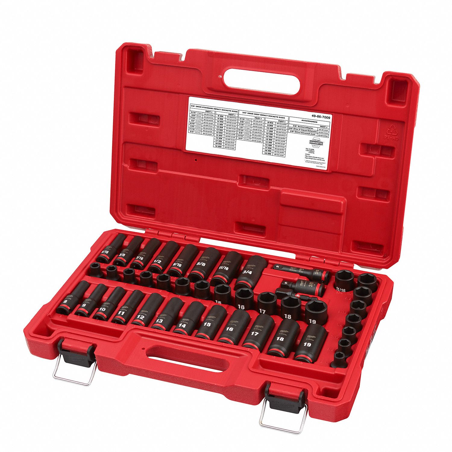 MILWAUKEE IMPACT SOCKET SET: 3/8 in Drive Size, 43 Pieces, (20) 6-Point,  (28) 6-Point