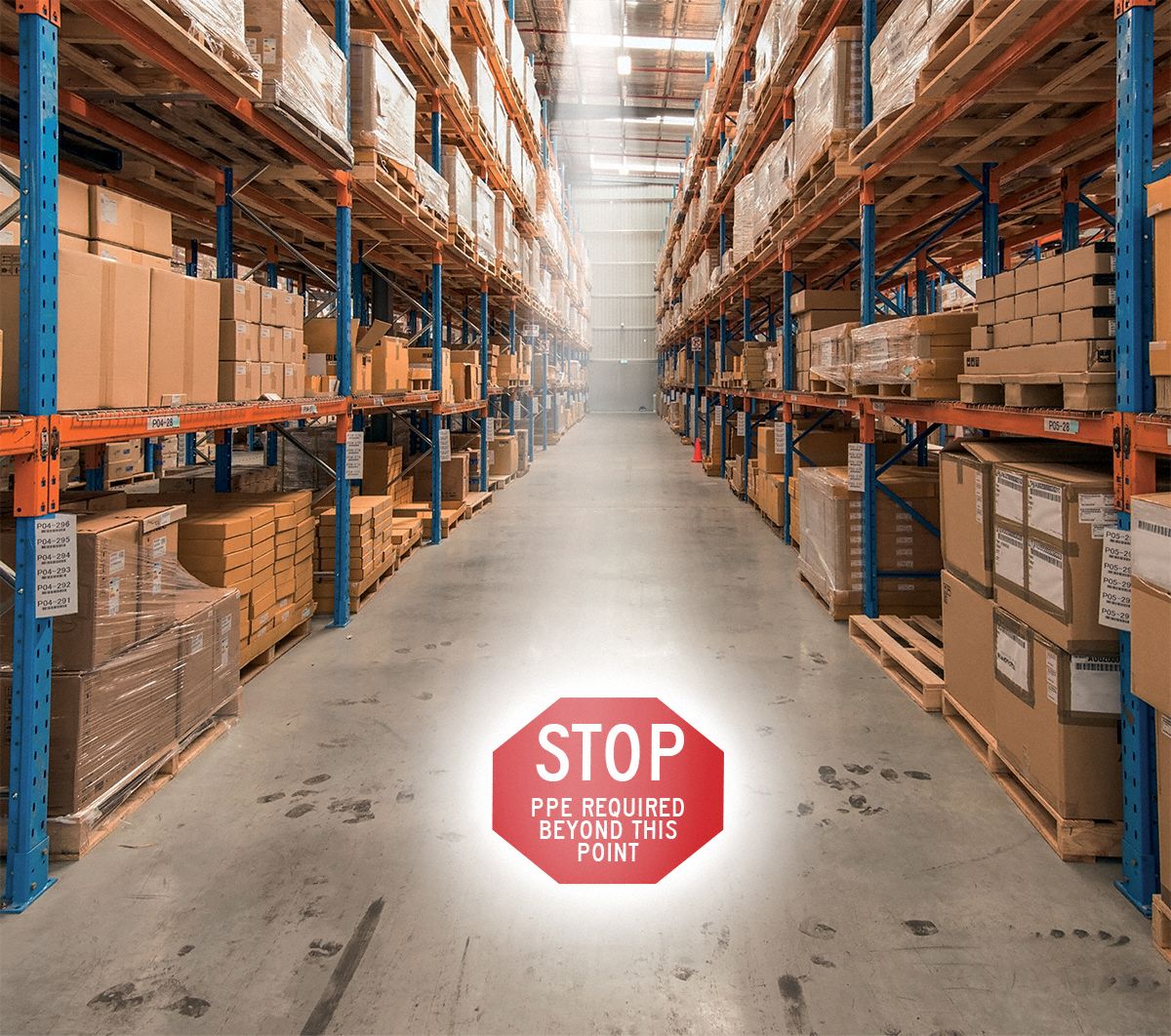 LED Projector with Lens: Lens Insert, Stop PPE Required Beyond This Point, 110 V AC Volt