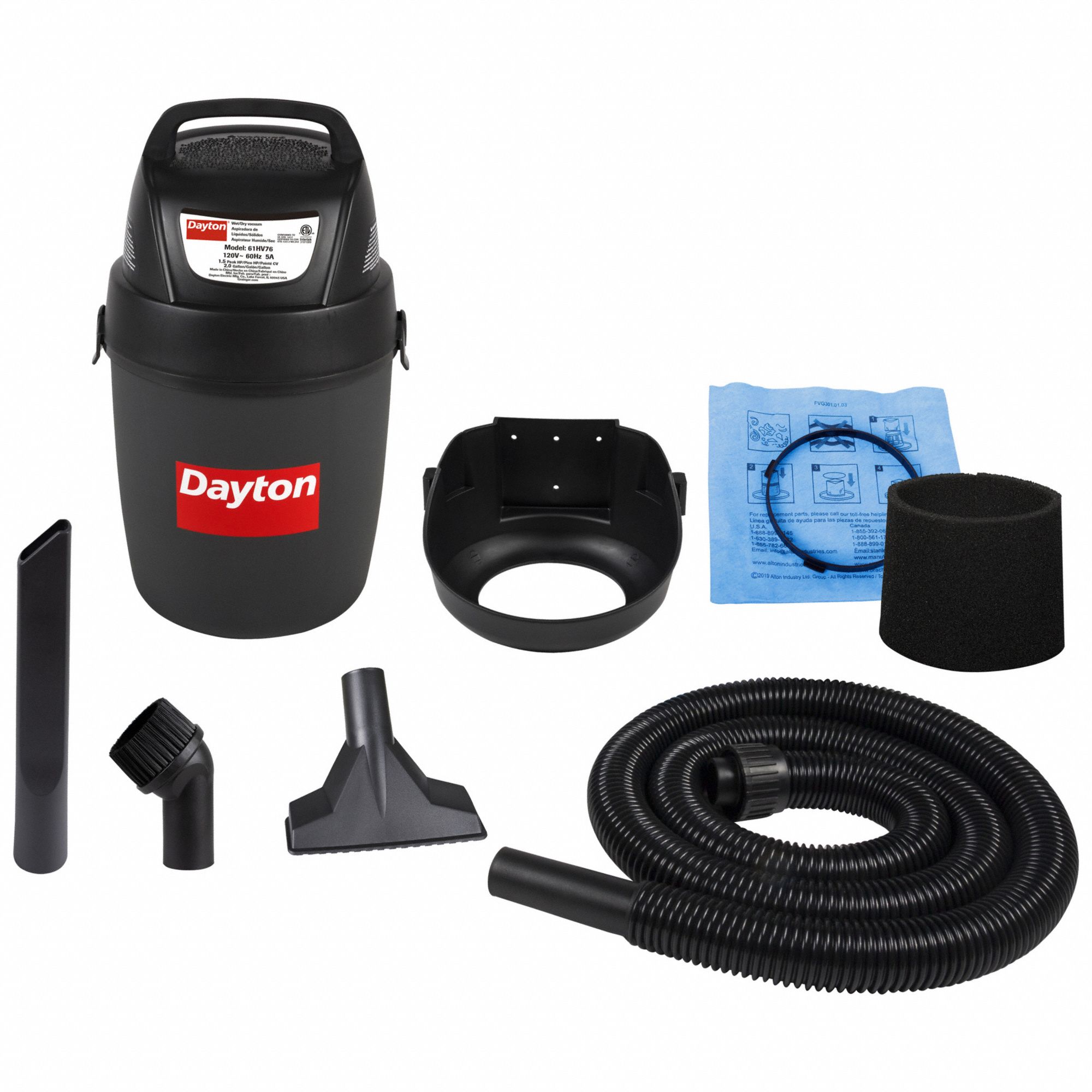 DAYTON Shop Vacuum 2 gal Tank Size, Plastic, 1 1/4 in Vacuum Hose Dia
