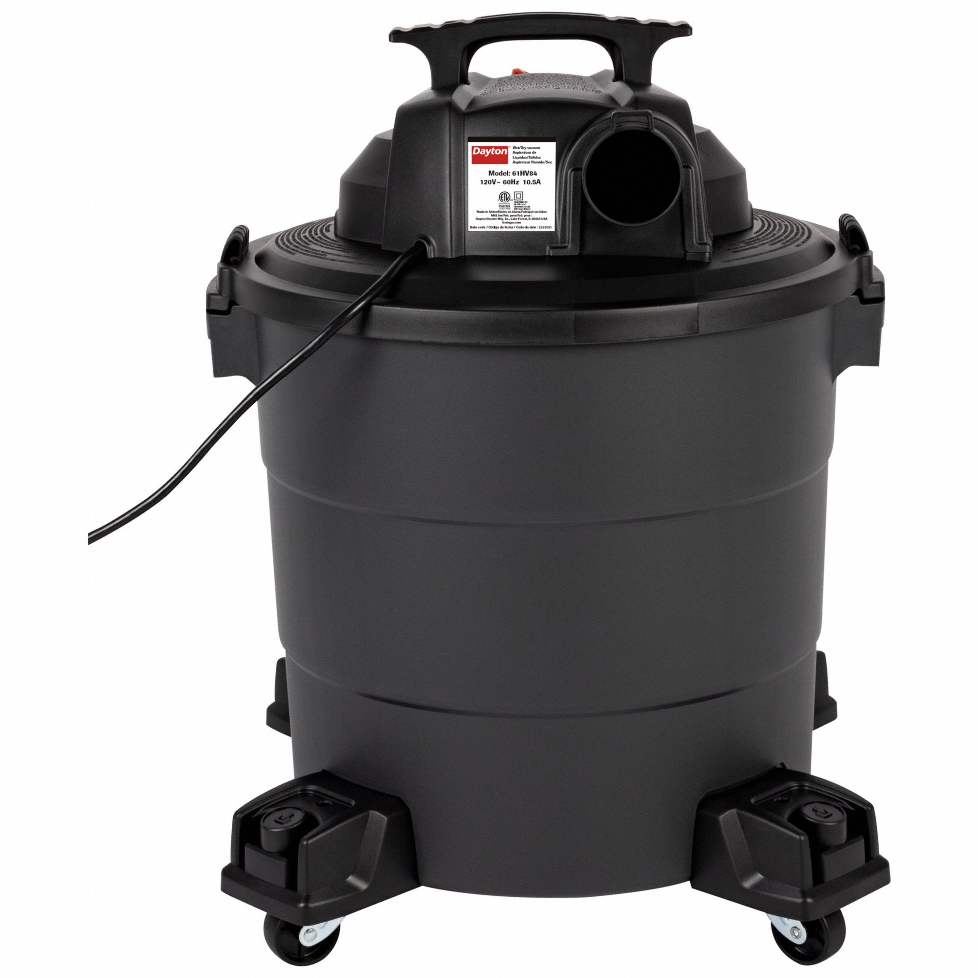 DAYTON Shop Vacuum: 12 gal Tank Size, Plastic, 2 1/2 in Vacuum Hose Dia ...