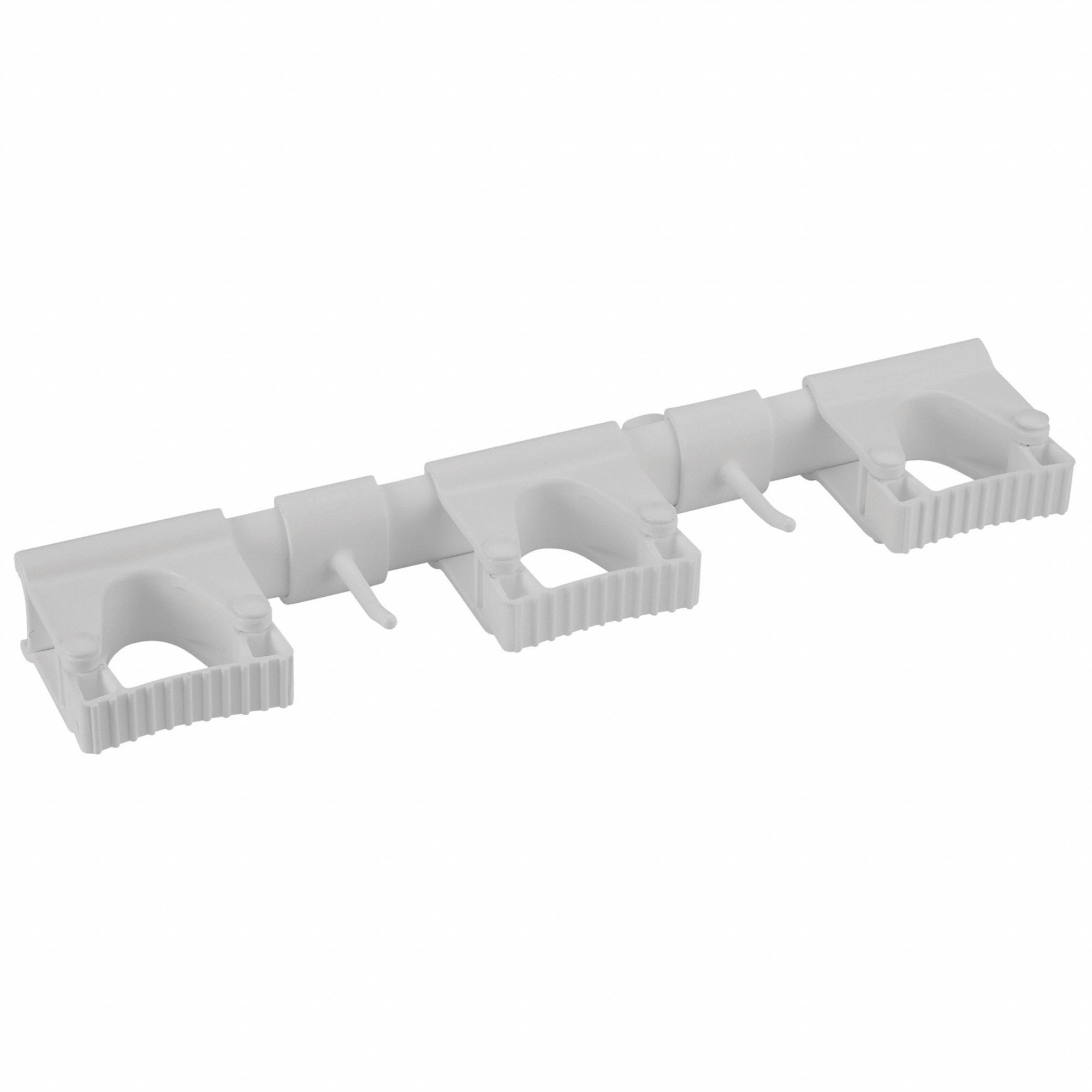 Tool Wall Bracket: For 1/16 in Handle Dia, White, 16 1/2 in Lg, 3 3/8 in Wd, 1 7/8 in Ht