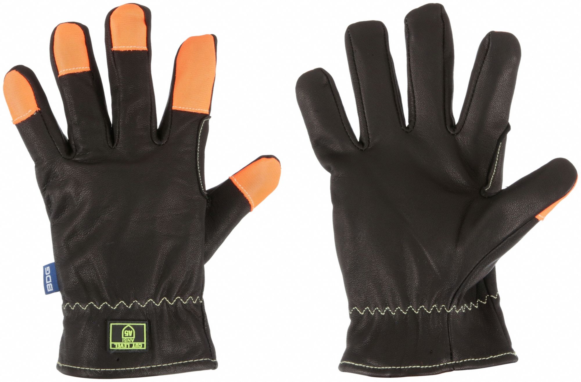CUT RESIST GLOVES,ANSI CUT LVL A5/PUNCTURE LVL 4,M/SIZE 8,11 IN L,BLK/HIGH VIZ ORNG,GOATSKIN,PR