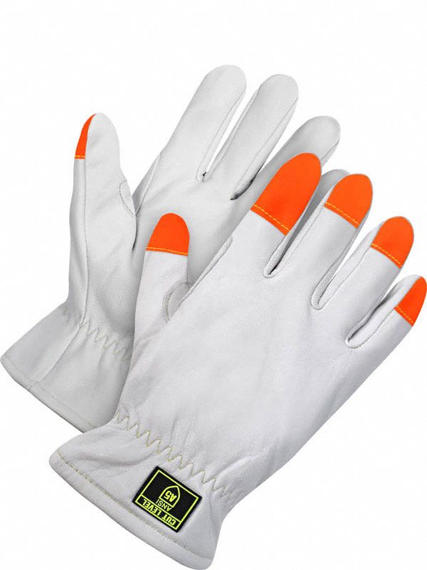 CUT-RESISTANT GLOVES,ANSI CUT LVL A5/PUNCTURE LVL 3,M/8,11 IN L,WHITE/HI-VIZ ORANGE,GOATSKIN,PR
