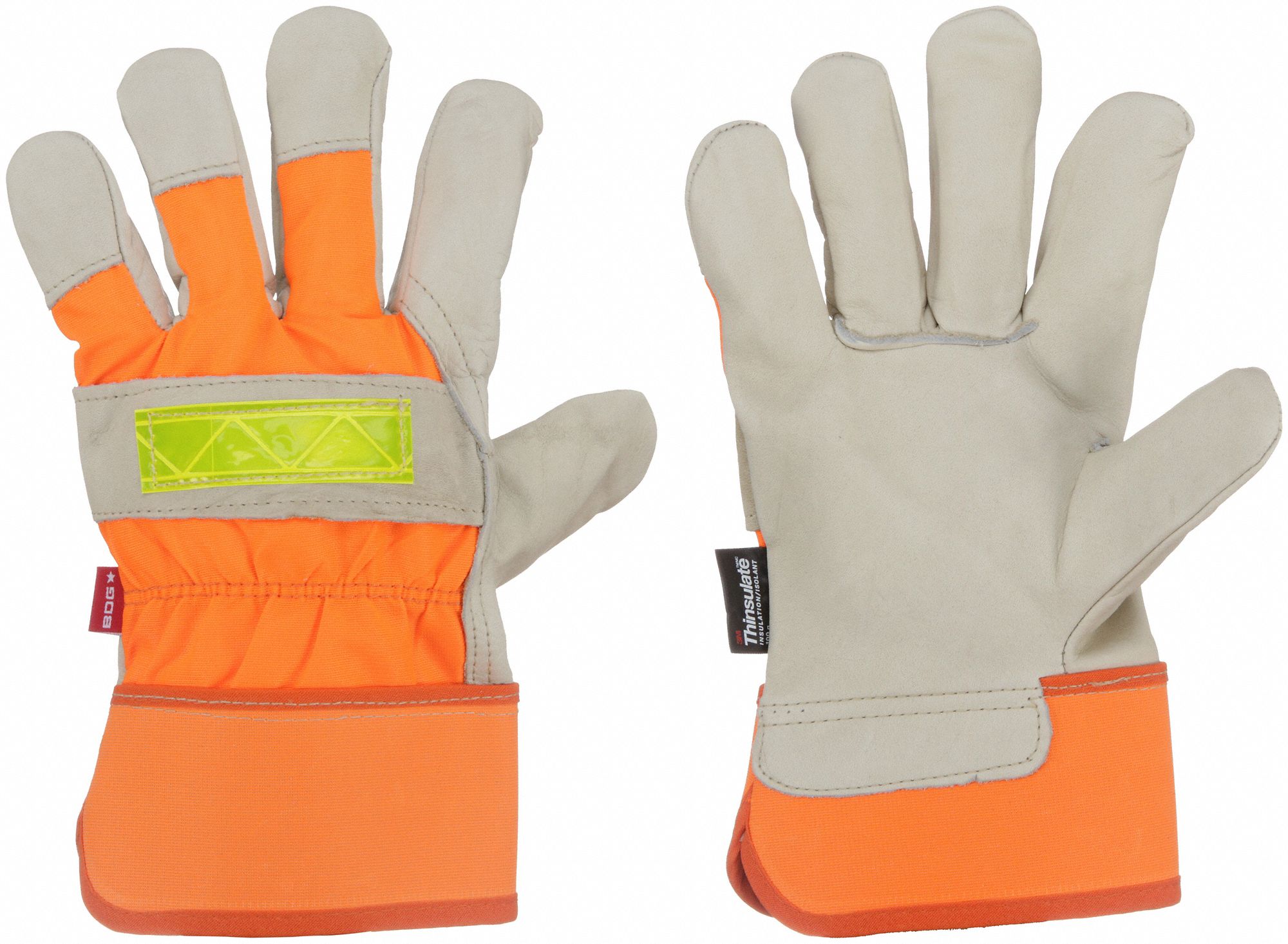 LEATHER WORK GLOVES, L (9), PREMIUM COWHIDE, WING THUMB, SAFETY CUFF, HI VIS ORANGE