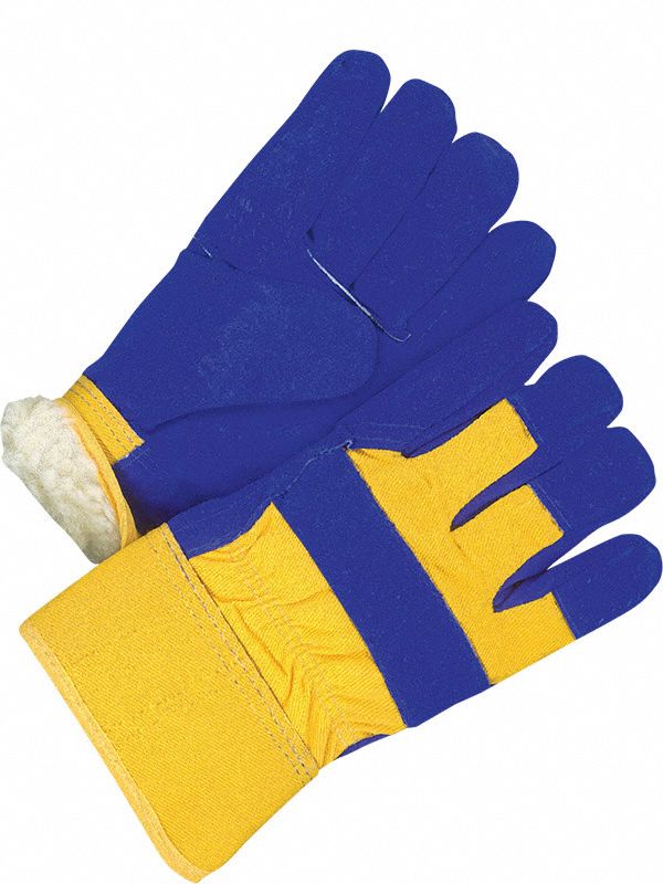 WOMENS WINTER GLOVES, GUNN CUT/WING THUMB, SZ 10 1/2 IN L, BLUE/GOLD, COWHIDE/LEATHER/COTTON