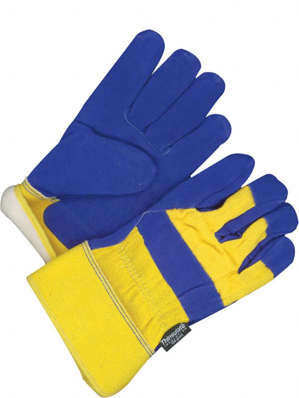 COLD PROTECTION GLOVES, WING THUMB/GUNN CUT, 10 1/2 IN L, BLUE/YELLOW, COWHIDE/LEATHER/COTTON