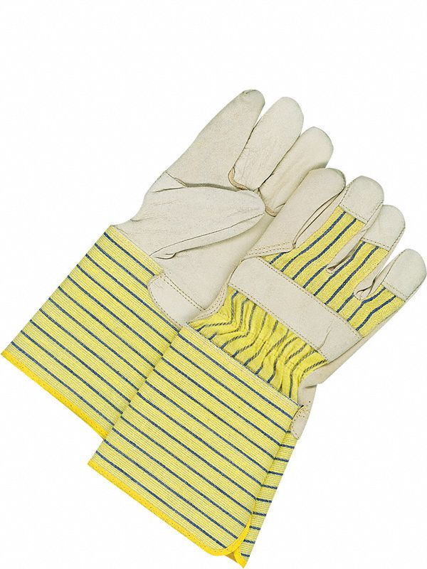 LADIES GLOVE, CUT-RESISTANT, WING THUMB, SZ S/7, GREY/BLUE/YELLOW, LEATHER/COTTON, PR