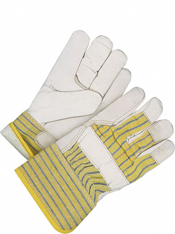 LADIES GLOVE, GUNN CUT, WING THUMB, SZ S/7, GREY/BLUE/YELLOW, LEATHER/COTTON, PR