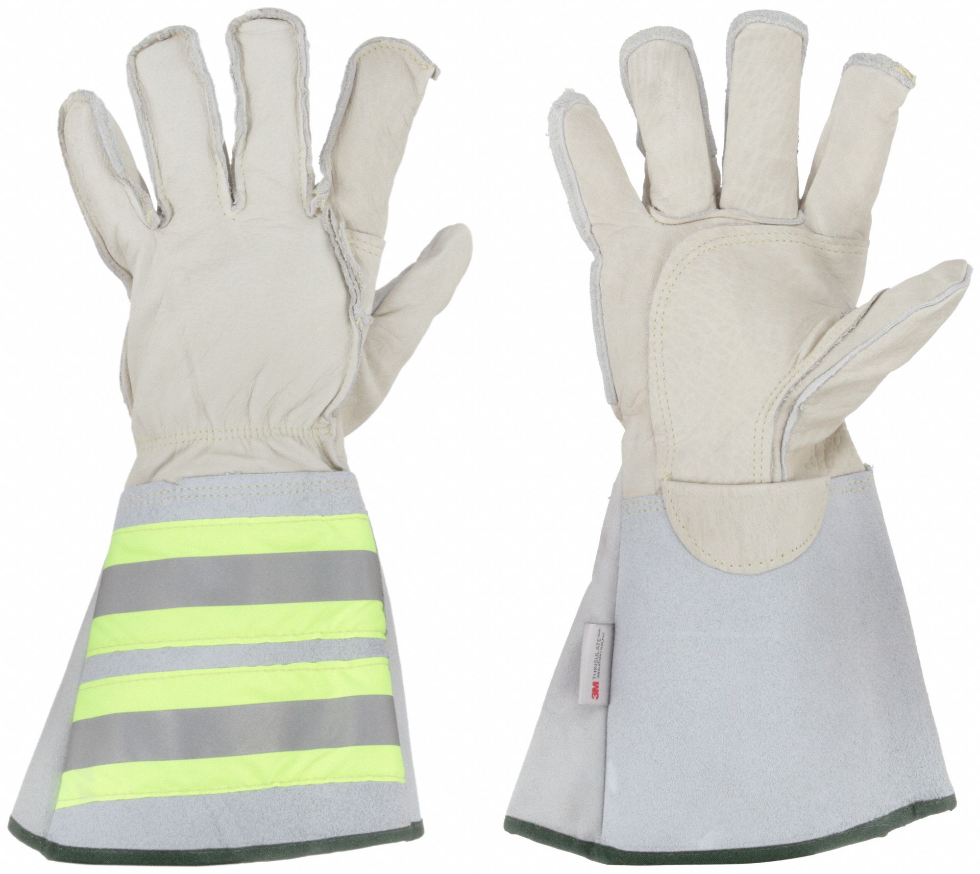 LEATHER GLOVES, HI-VIS, WING THUMB, 6 1/4 IN CUFF, SZ S/7, GREY, COWHIDE/THINSULATE/KEVLAR, PR