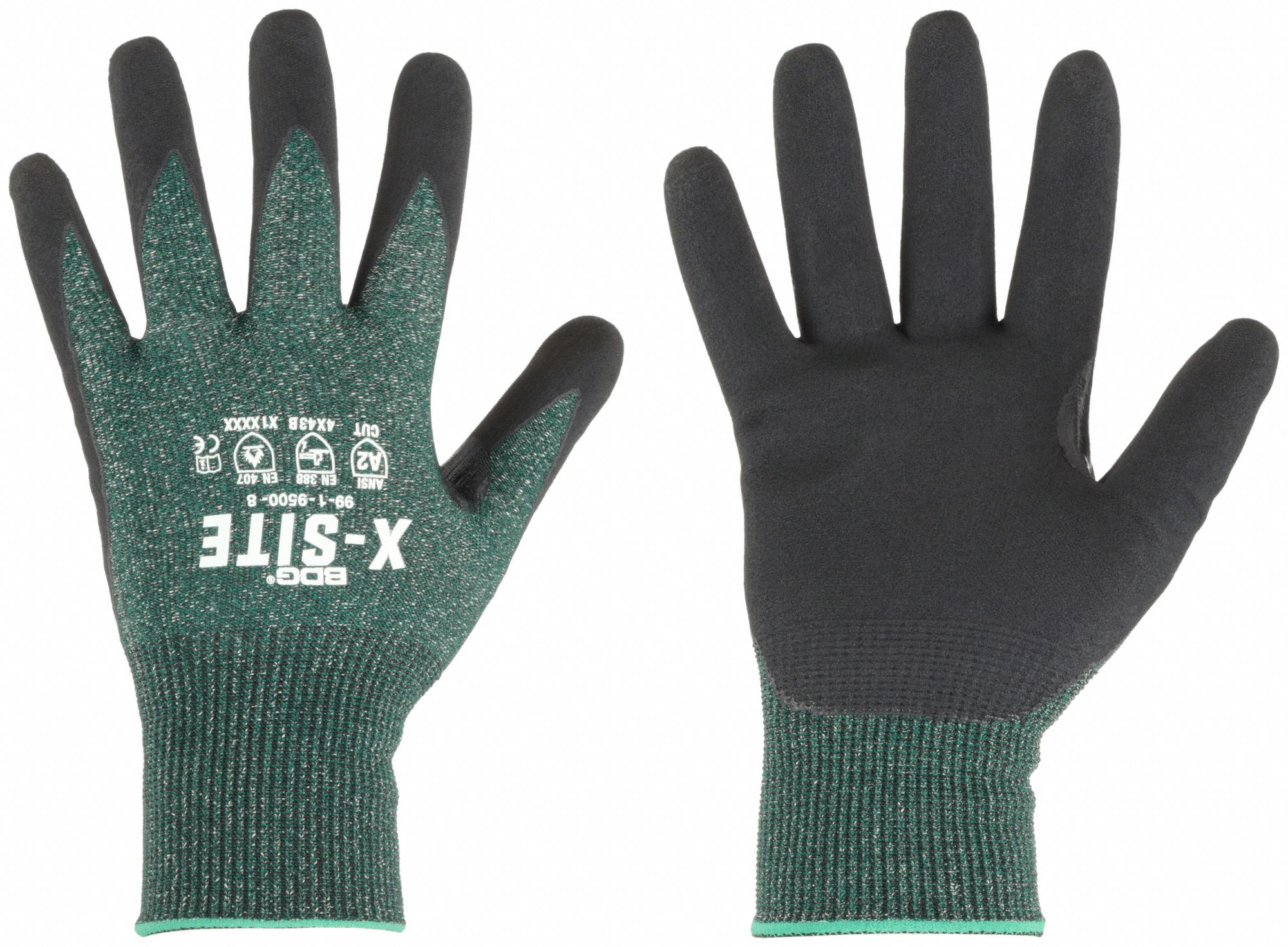 CUT-RESISTANT GLOVES, ANSI CUT LVL A2, XL/10, 15 GA, BLACK/GREEN, NITRILE, PAIR