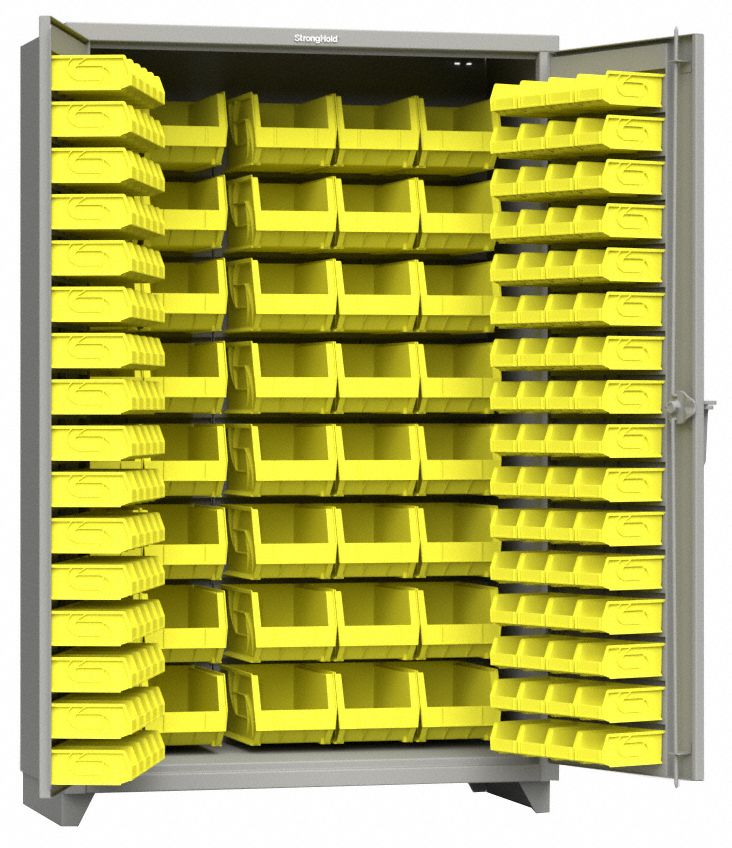 Bin Cabinet: 48 in x 24 in 75 in, 0 Shelves, 126 Bins, Yellow, Flush, 14 ga Panel, Bins