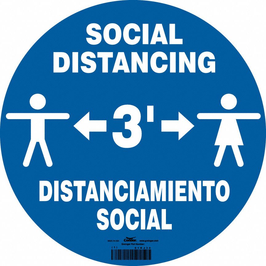 COVID 19 Social Distancing Floor Sign: Adhesive Surface Sign Mounting, Vinyl, Blue, 12 in Ht