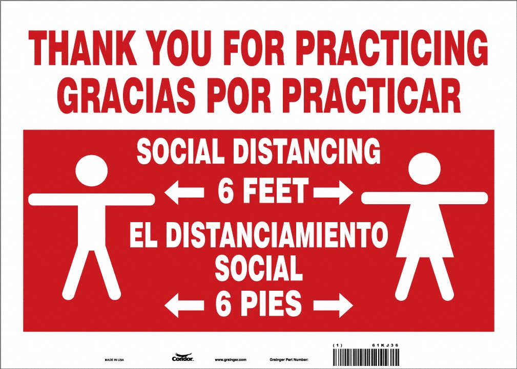 COVID 19 Social Distancing Sign: Adhesive Surface Sign Mounting, Vinyl, White, Not Retroreflective