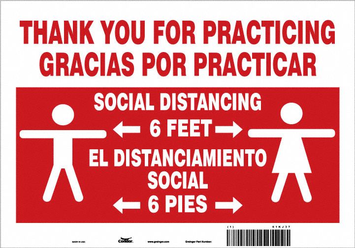 COVID 19 Social Distancing Sign: Plastic, White, Not Retroreflective, 7 in Ht, 10 in Wd