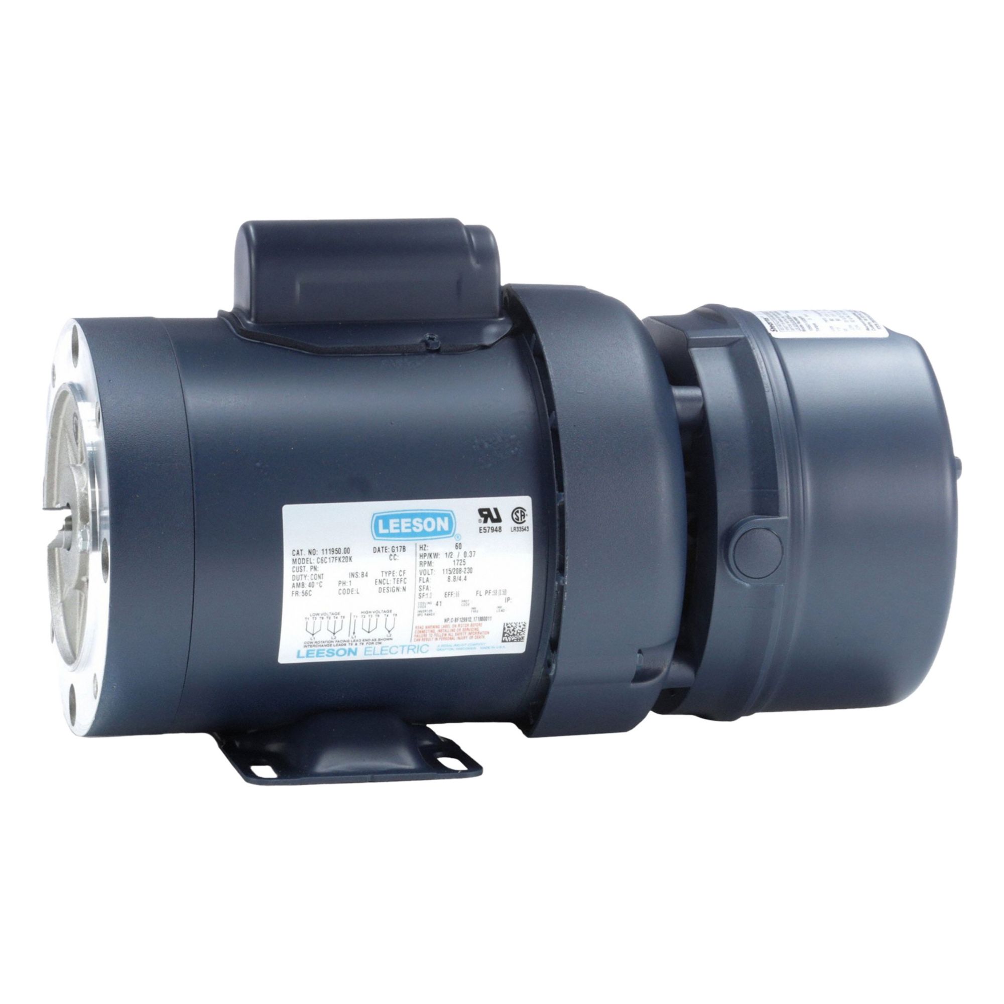 Brake Motor: Totally Enclosed Fan Cooled, 1/2 hp Horsepower, 1, 725 RPM RPM, 115/208-230V AC