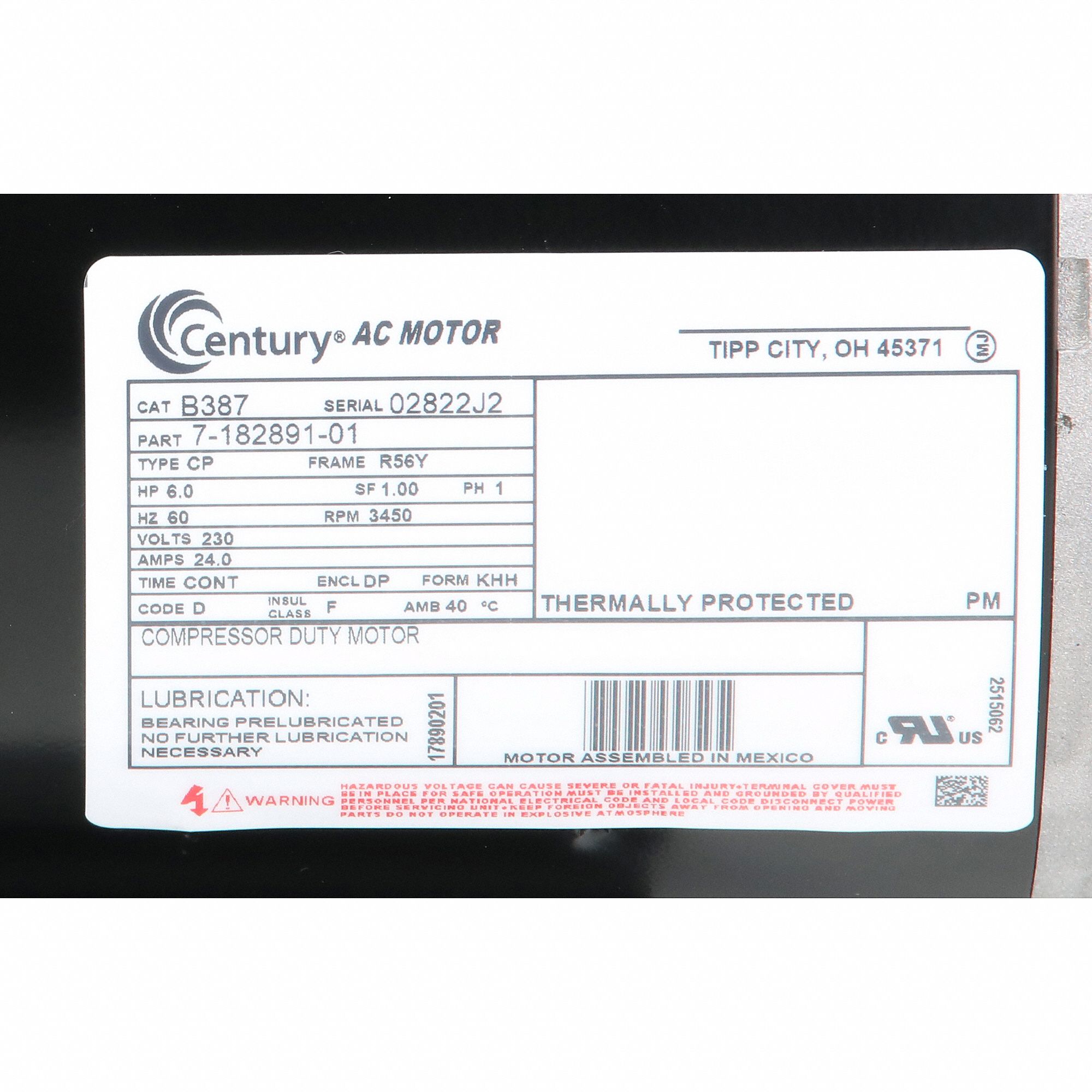 CENTURY Air Compressor Motor CapacitorStart, 6 HP, 3,600 Nameplate