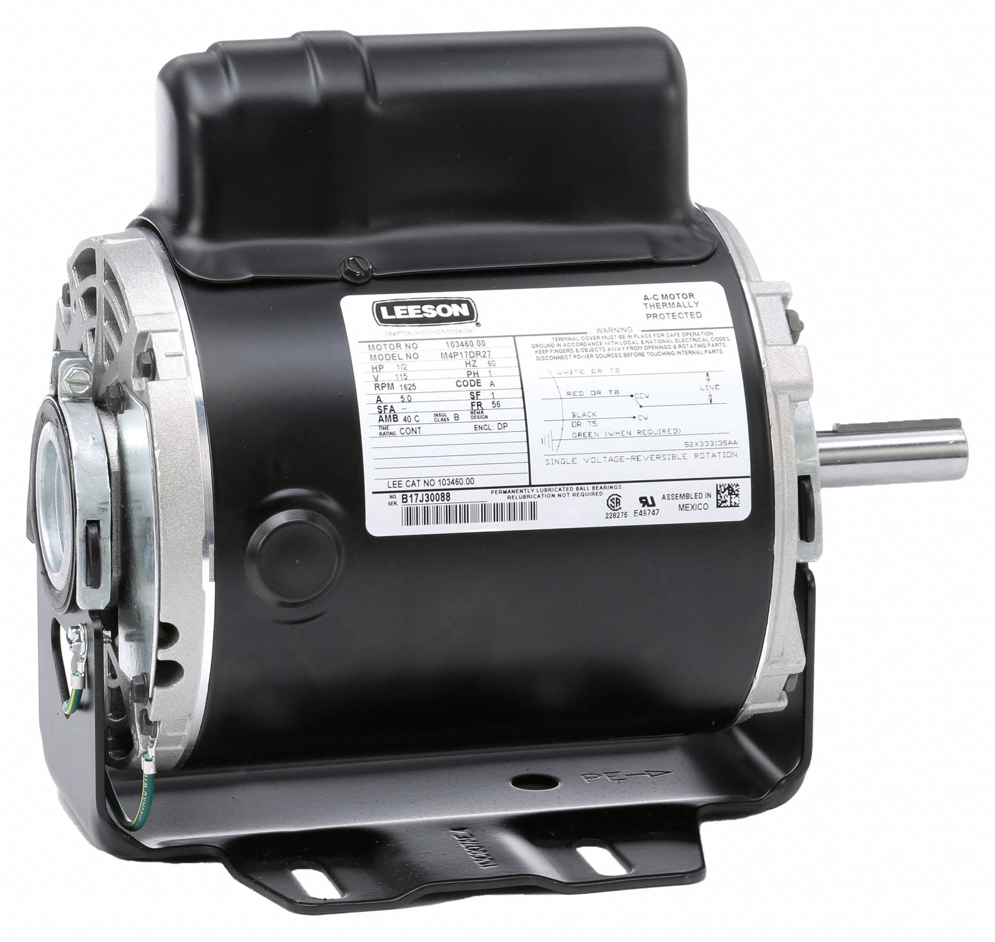 LEESON Instant Reverse Motor: Cradle Base, 1/2 HP, 1,625 Nameplate RPM,  115V AC, 56 Frame, 3 Wires