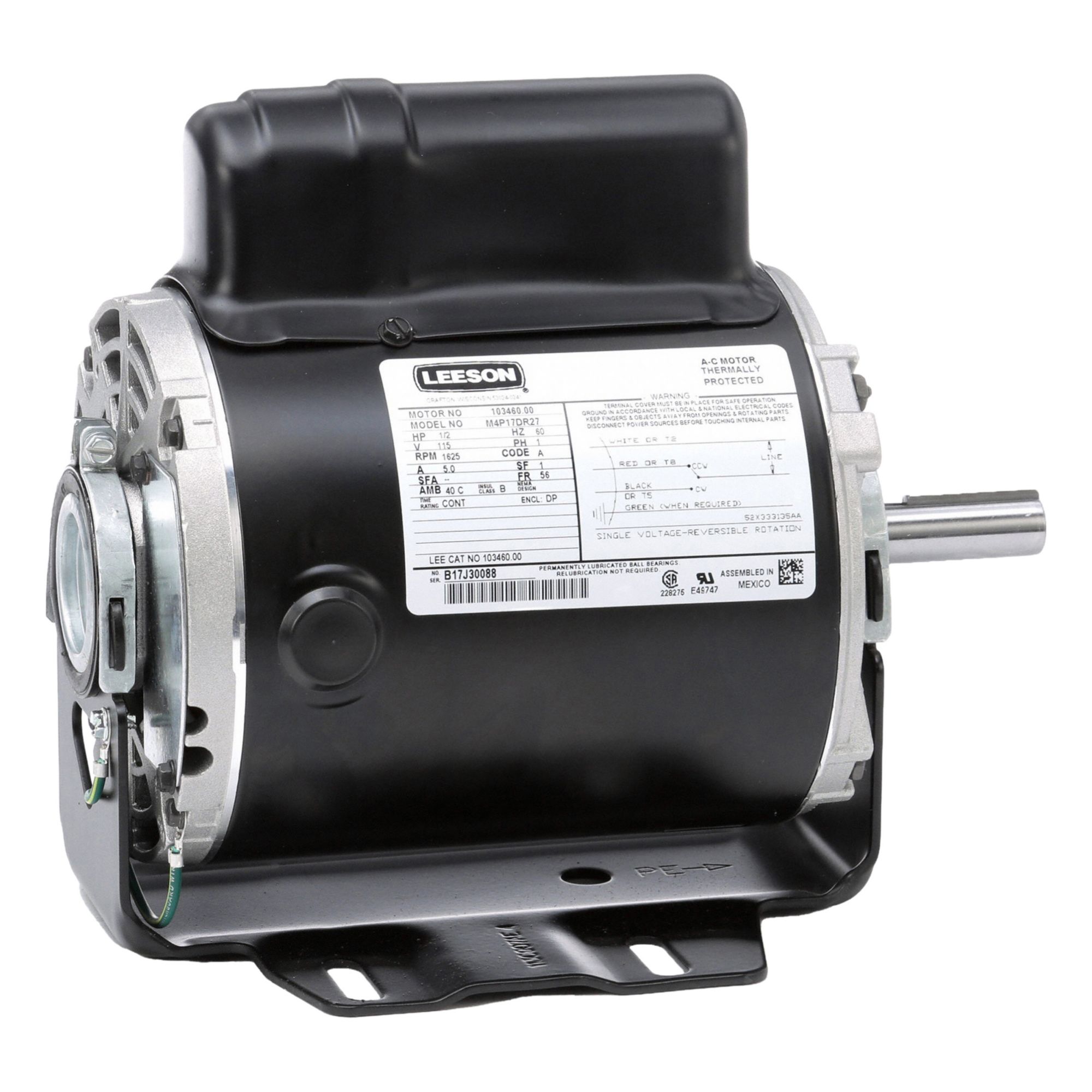 Instant Reverse Motor: Cradle Base, 1/2 hp Horsepower, 1, 625 RPM RPM, 115V AC, 56 Frame Size
