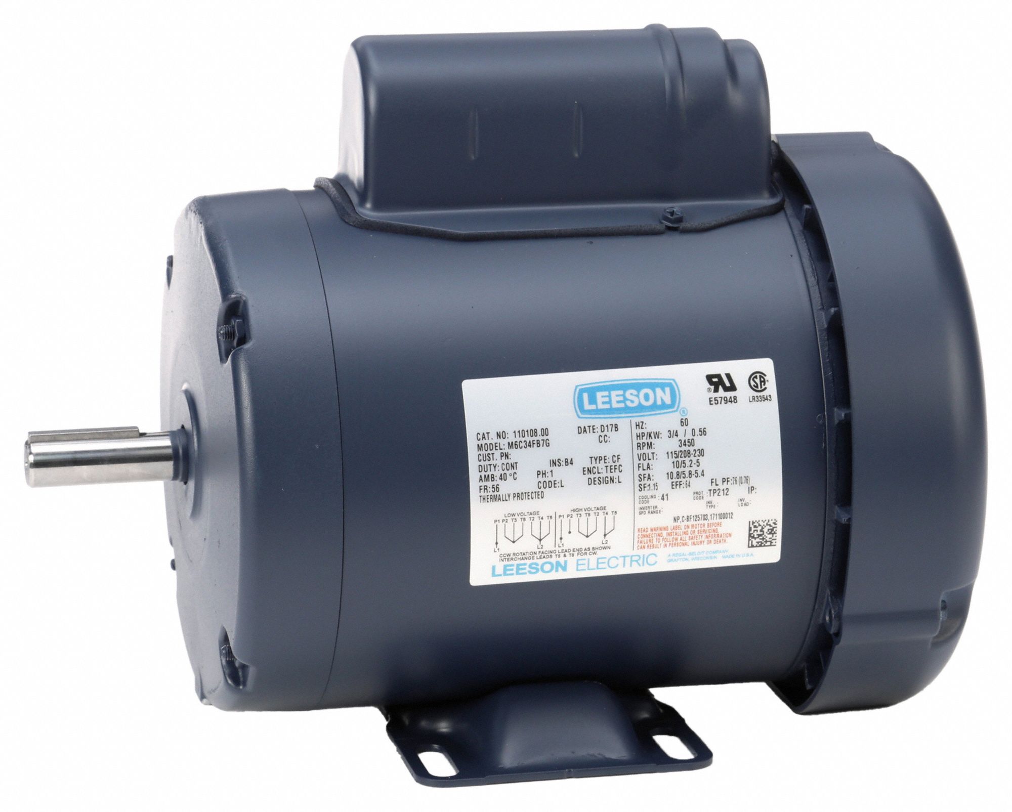 General Purpose Motor: Single Phase, 3/4 hp, 115/230V AC, 56 Frame Size, 5/8 in x 1 7/8 in, B