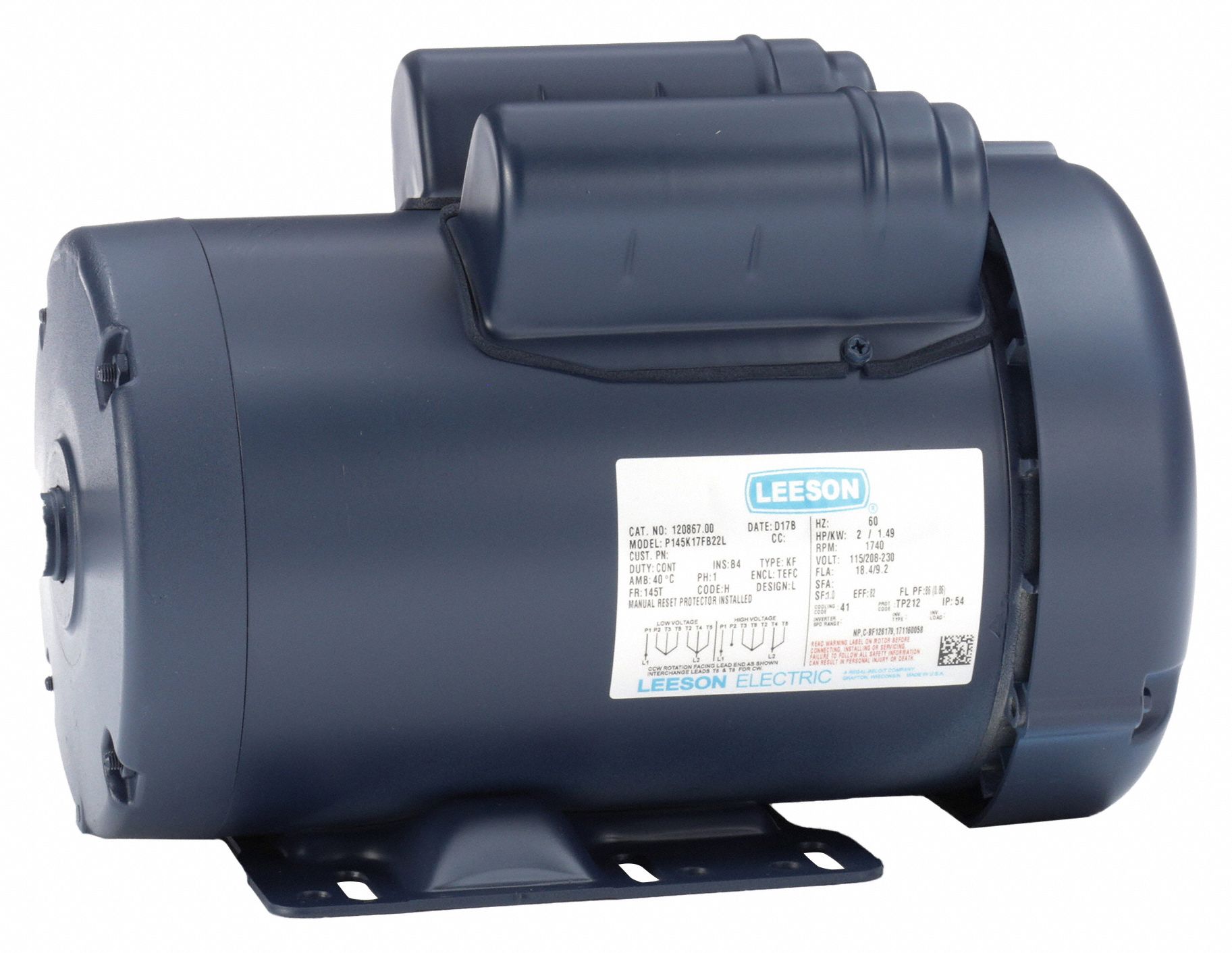 General Purpose Motor: Totally Enclosed Fan-Cooled, Rigid Base Mounting, 2 HP, 145T Frame