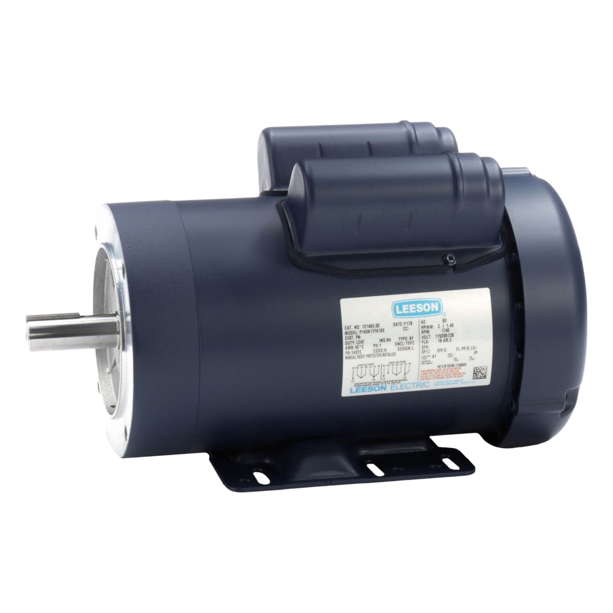 General Purpose Motor: 145TC Frame Size, C-Face/Rigid Base, Totally Enclosed Fan Cooled, 2 hp