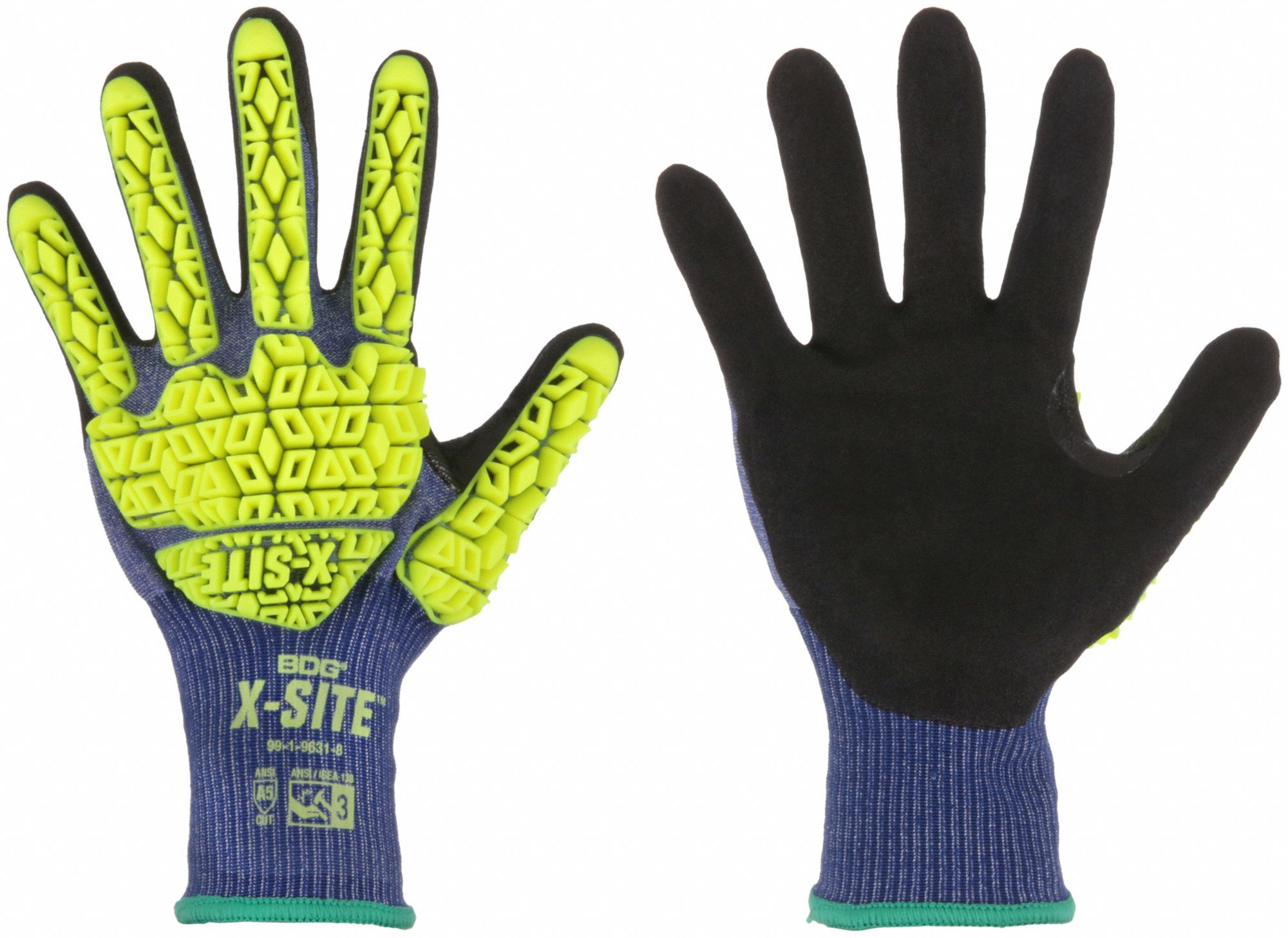 NITRILE COATED GLOVES, L, 9 IN, 18 GA, HEMMED/ELASTIC KNIT WRIST CUFF