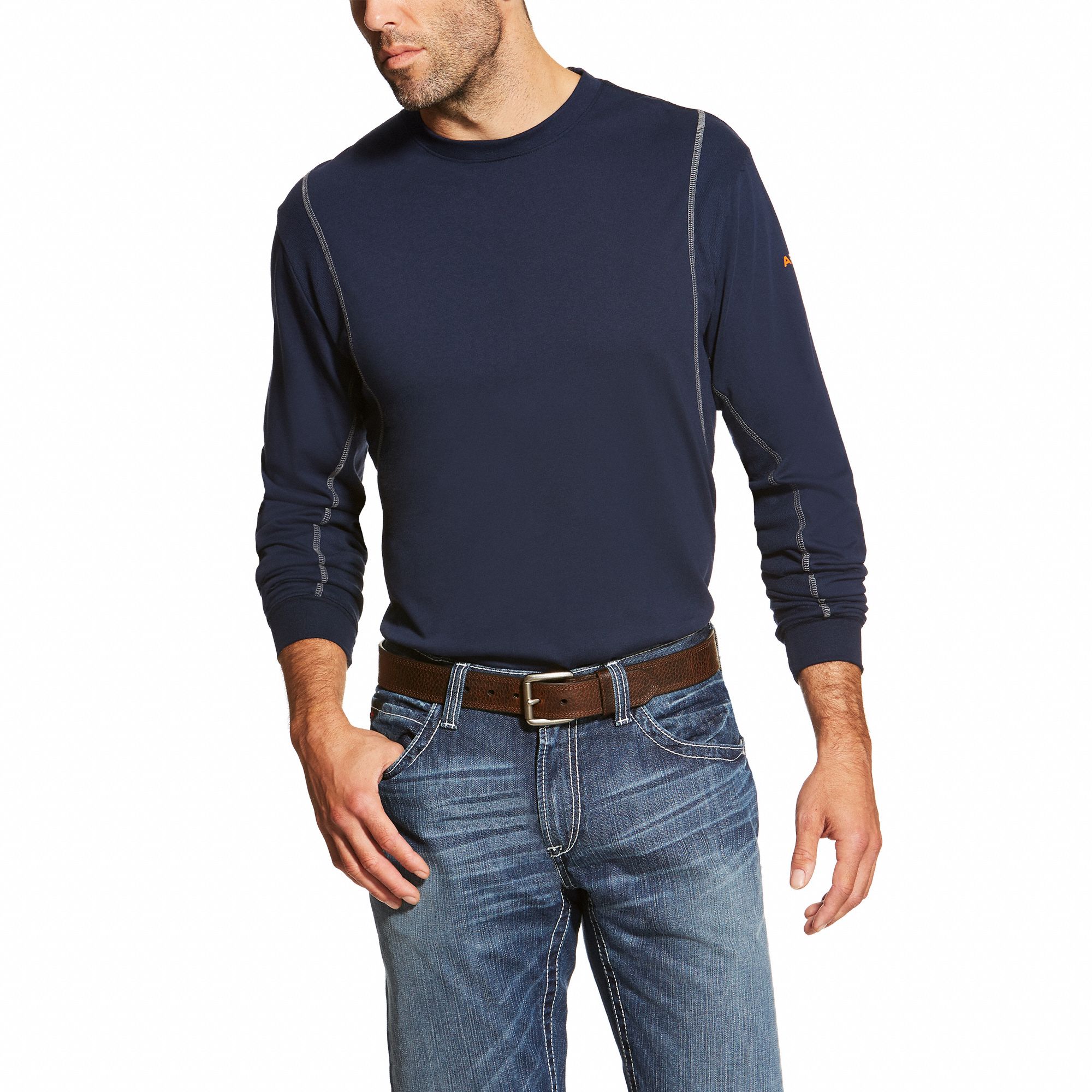 FR Crew Longsleeve Tee: 8.9 cal/sq cm ATPV, Men's, Regular, 2XL, Cotton ( 6.8 oz ), Long, Navy