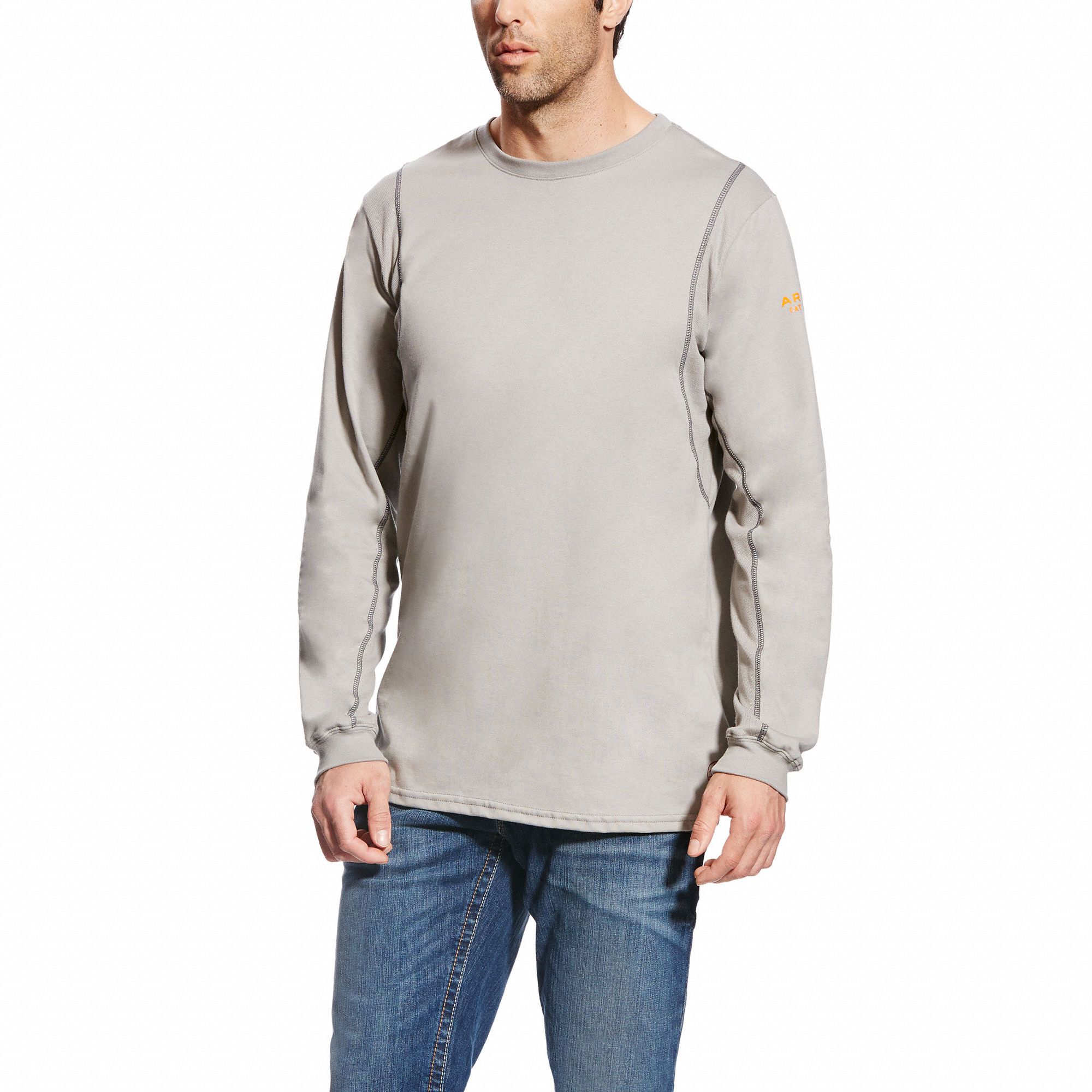 ARIAT FR Crew Longsleeve Tee: 8.9 cal/sq cm ATPV, Men's, Tall, 2XL, Cotton  ( 6.75 oz ), Long, Gray