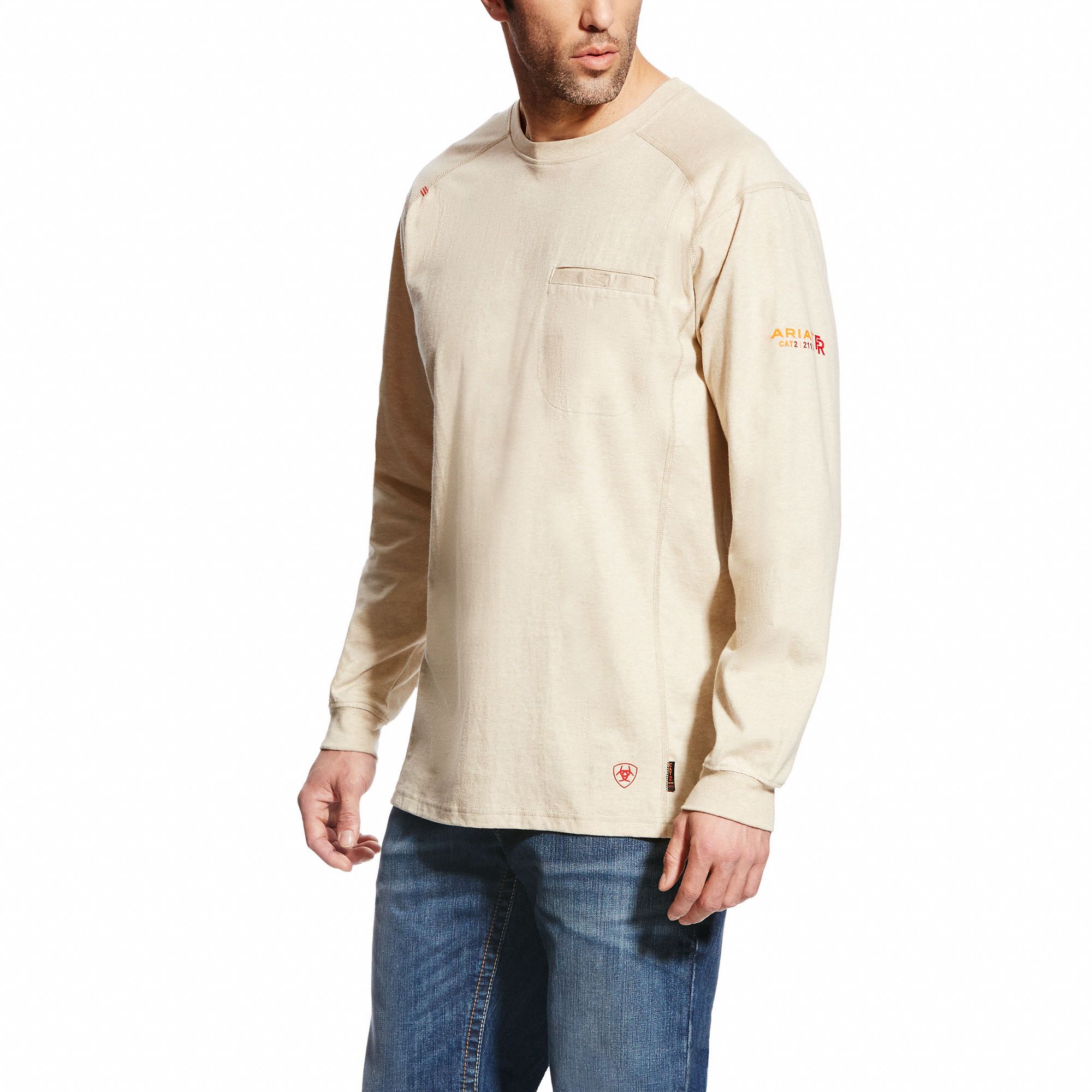 FR Crew Longsleeve Tee: 8.7 cal/sq cm ATPV, Men's, Regular, 2XL, Cotton ( 6 oz ), Long, Tan