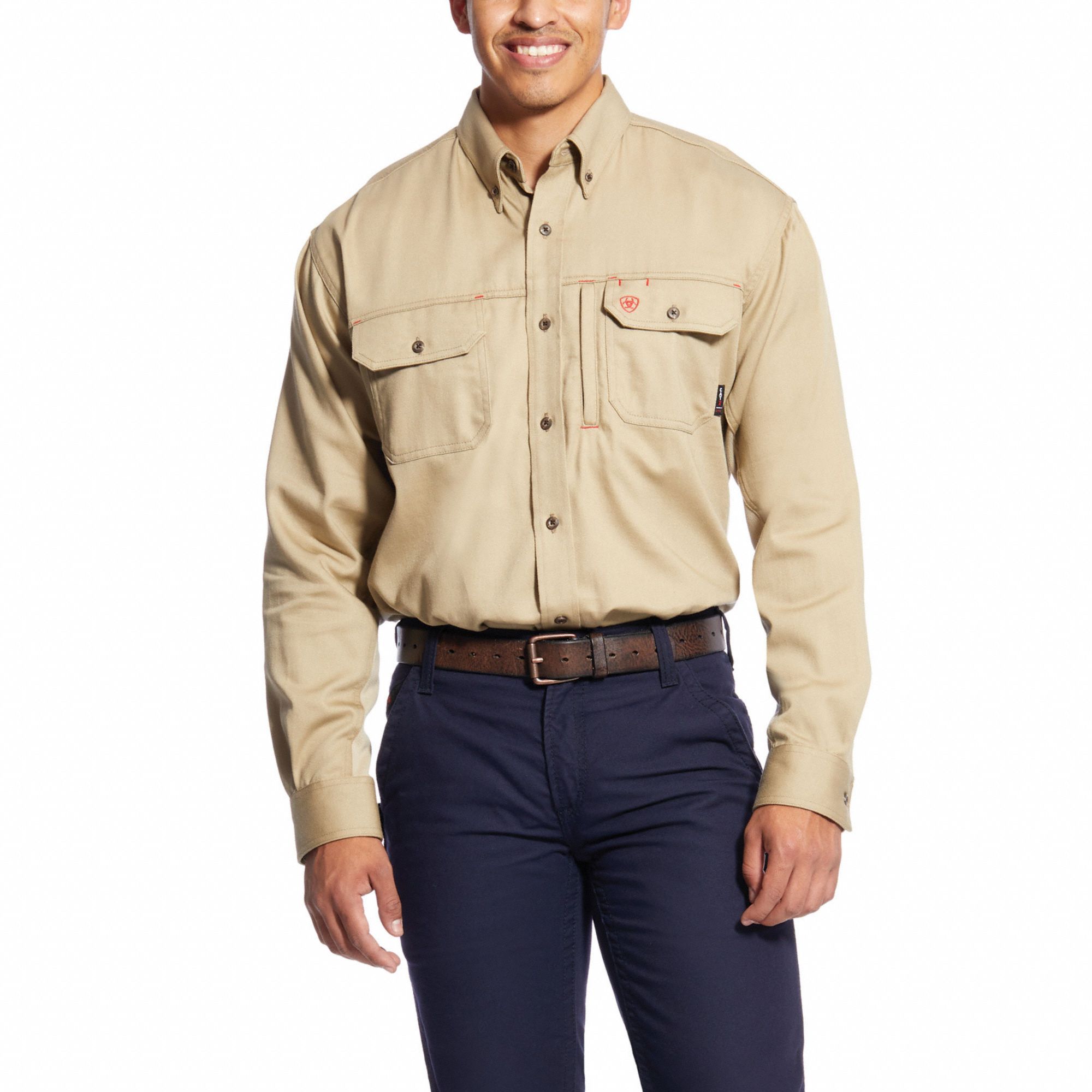 Flame-Resistant Shirt: 8.9 cal/sq cm ATPV, Men's, Regular, 2XL, Cotton ( 6.5 oz ), Long, Tan