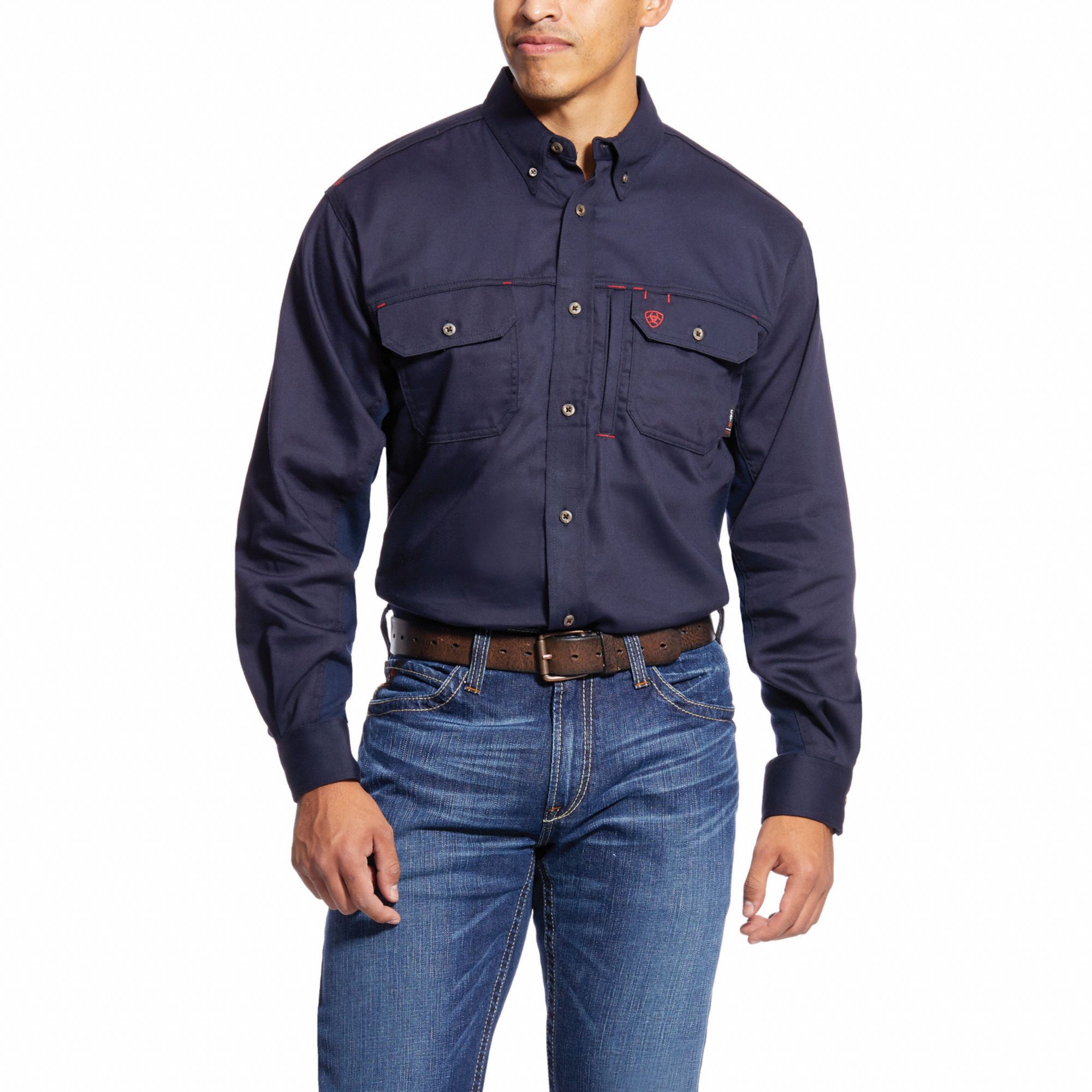 Flame-Resistant Shirt: 8.9 cal/sq cm ATPV, Men's, Regular, 4XL, Cotton ( 6.5 oz ), Long, Navy