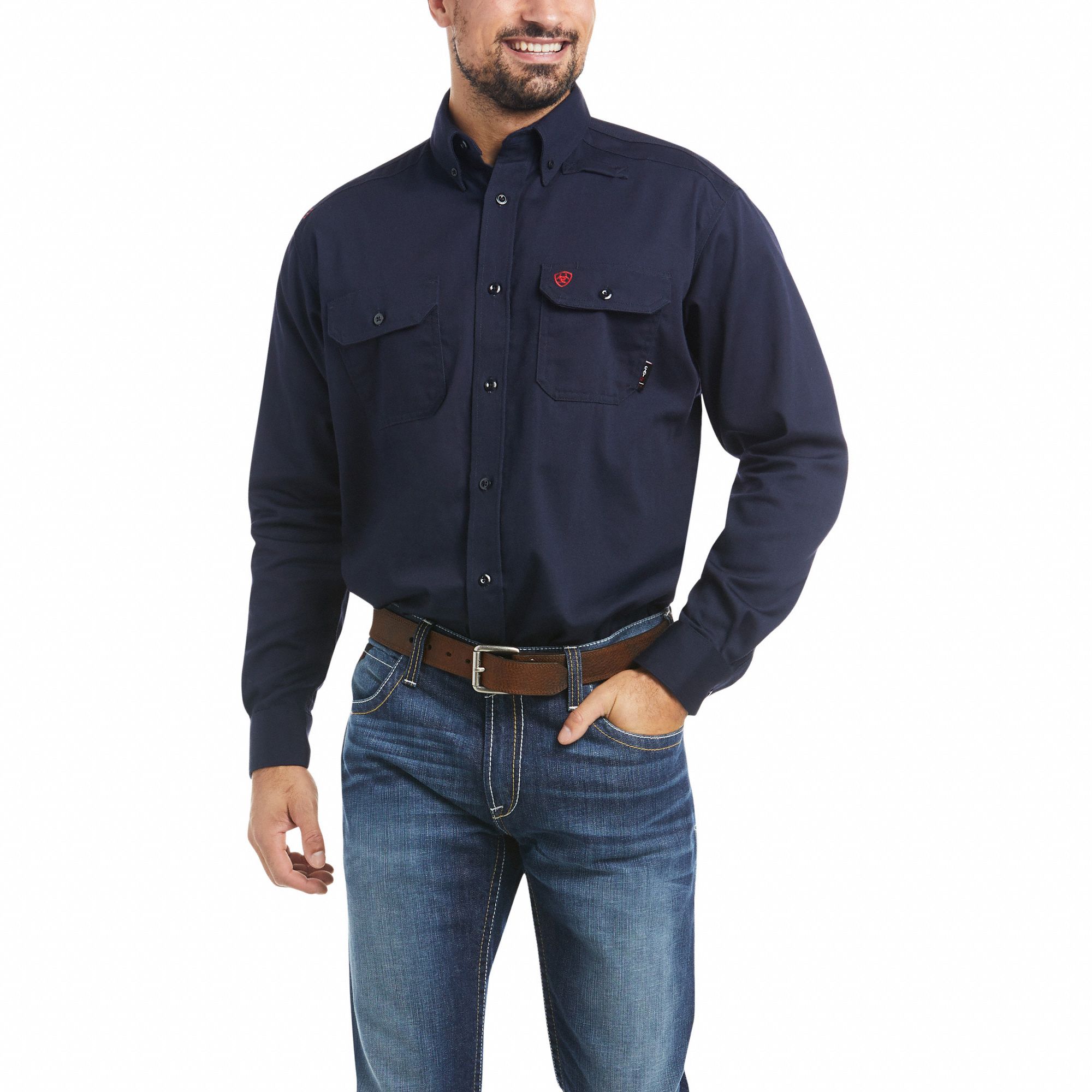 Flame-Resistant Shirt: 8.9 cal/sq cm ATPV, Men's, Regular, 2XL, Cotton ( 6.5 oz ), Long, Navy