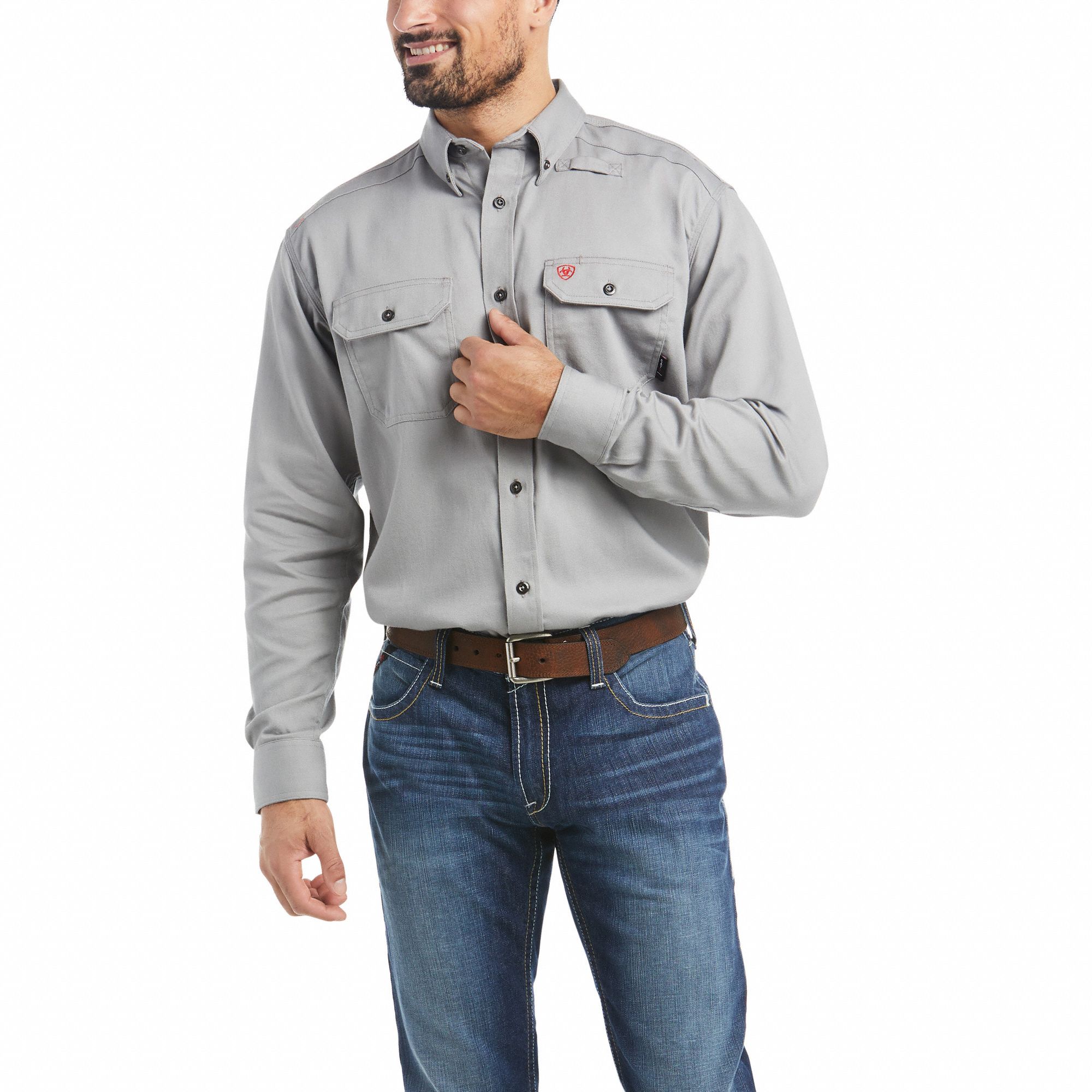 Flame-Resistant Shirt: 8.9 cal/sq cm ATPV, Men's, Regular, 3XL, Cotton ( 6.5 oz ), Long, Gray