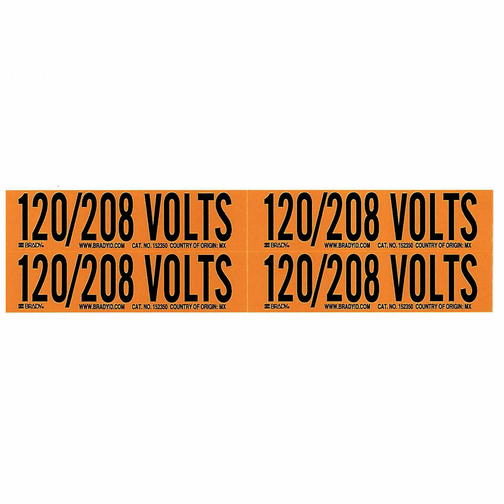 Conduit & Voltage Signs & Labels: 4 1/8 in Label Wd, 1 1/8 in Label Ht, 120/208 Volts, 5 PK