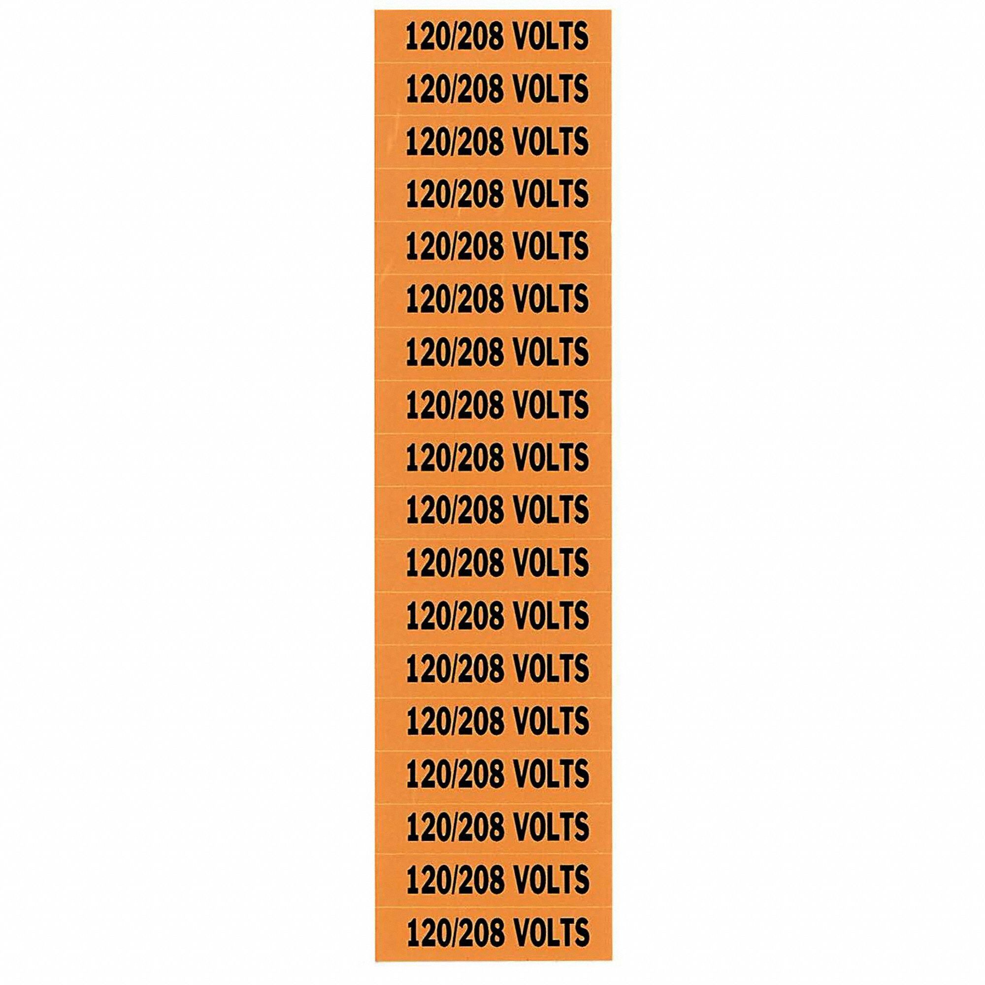 Conduit & Voltage Signs & Labels: 2 1/4 in Label Wd, 1/2 in Label Ht, 120/208 Volts, 5 PK