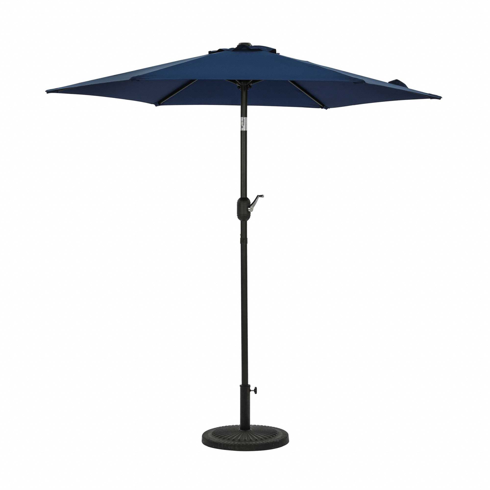 Patio Umbrella: Navy Blue, Steel, Hand Crank, 7 1/2 ft Overall Dia, Bronze