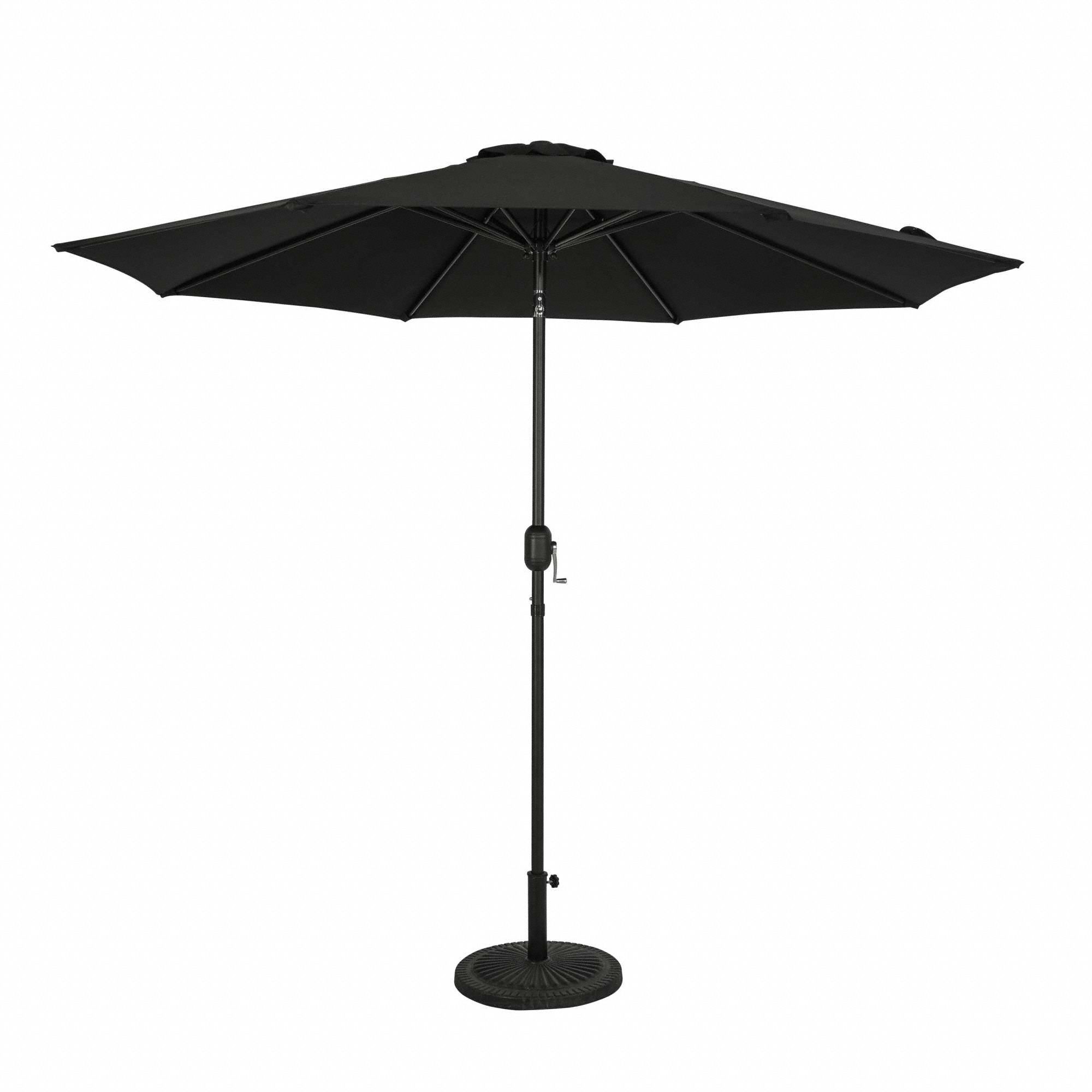 Patio Umbrella: Black, Steel, Hand Crank, 9 ft Overall Dia, 7 3/4 ft Overall Ht
