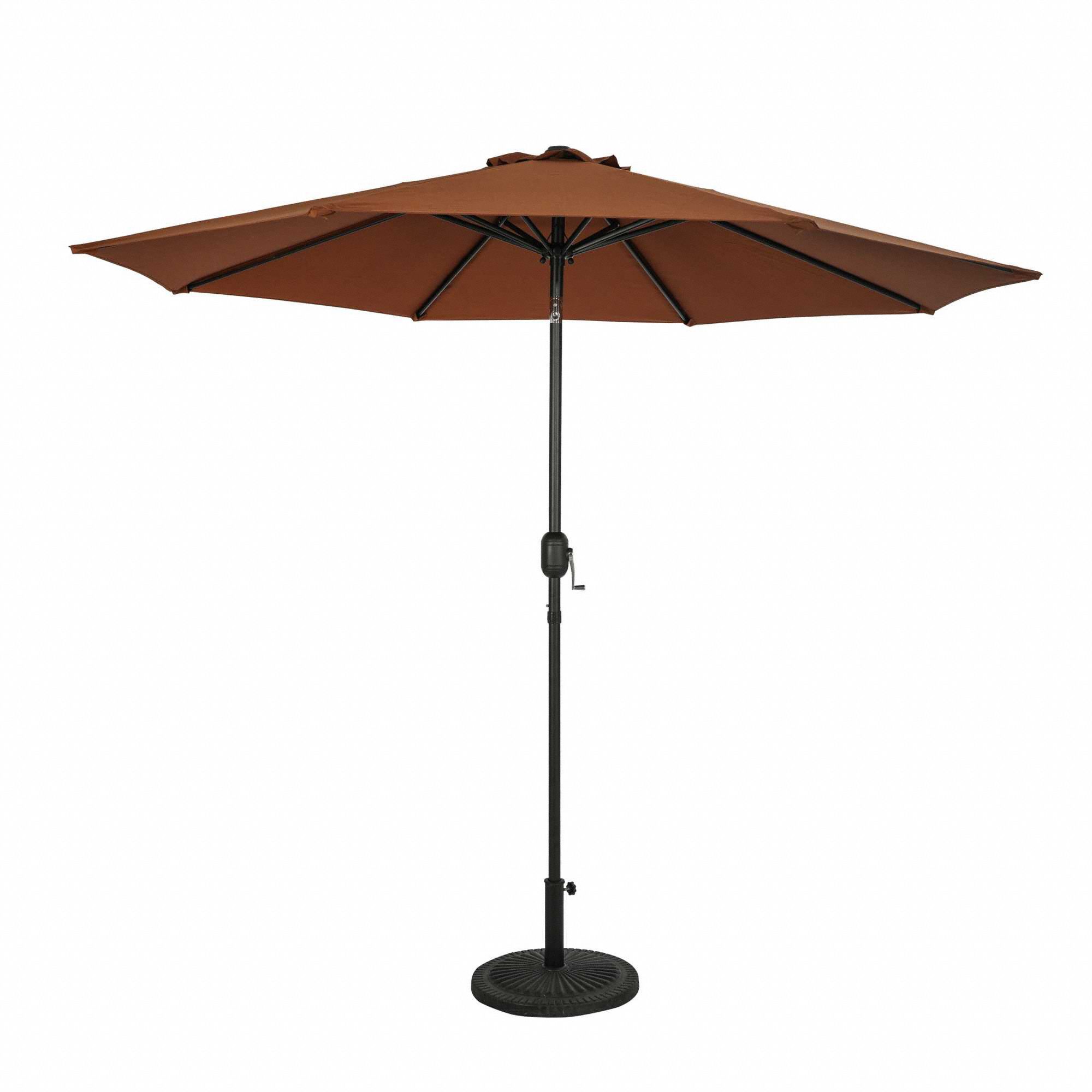 Patio Umbrella: Coffee, Steel, Hand Crank, 9 ft Overall Dia, 7 3/4 ft Overall Ht