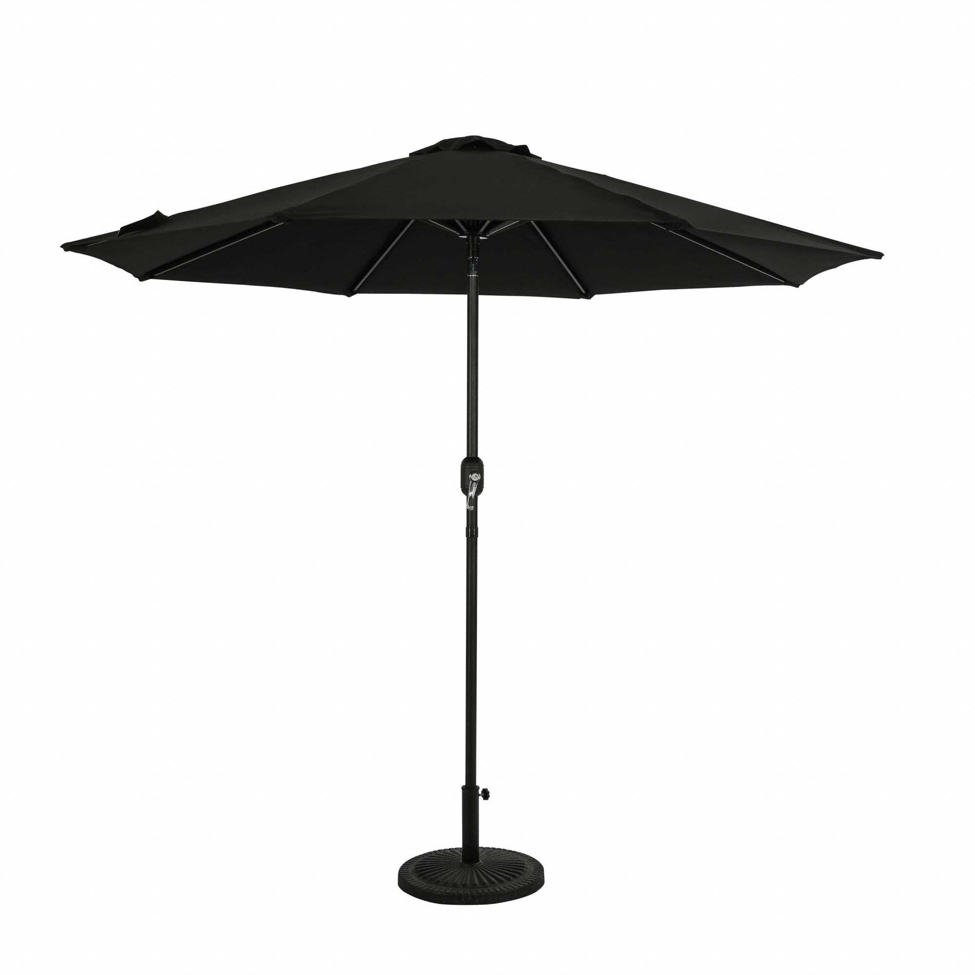 Patio Umbrella: Black, Aluminum, Hand Crank, 9 ft Overall Dia, 7 3/4 ft Overall Ht