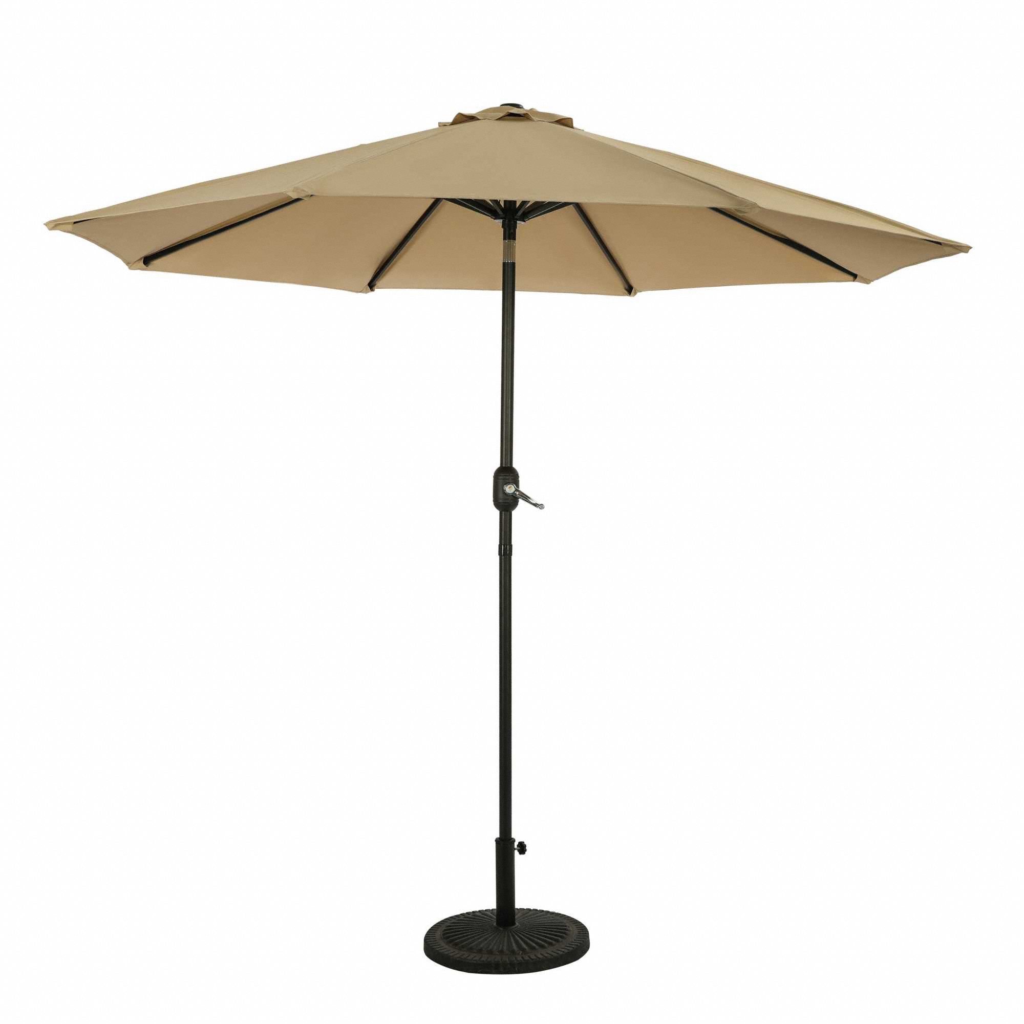 Patio Umbrella: Champagne, Aluminum, Hand Crank, 9 ft Overall Dia, Bronze