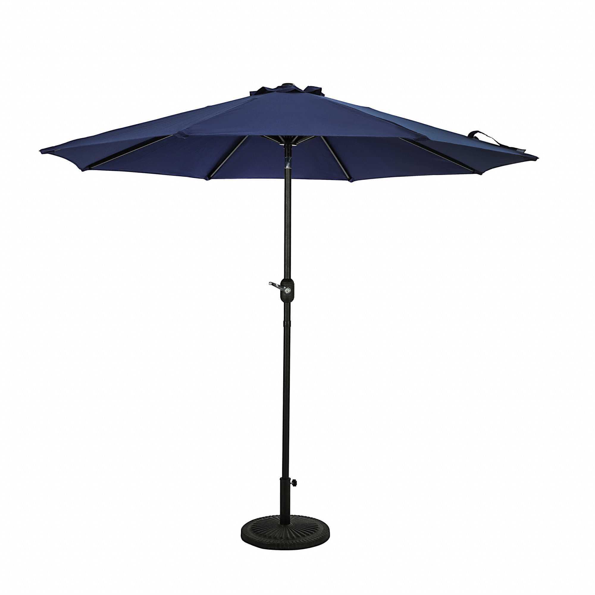 Patio Umbrella: Navy Blue, Aluminum, Hand Crank, 9 ft Overall Dia, Bronze