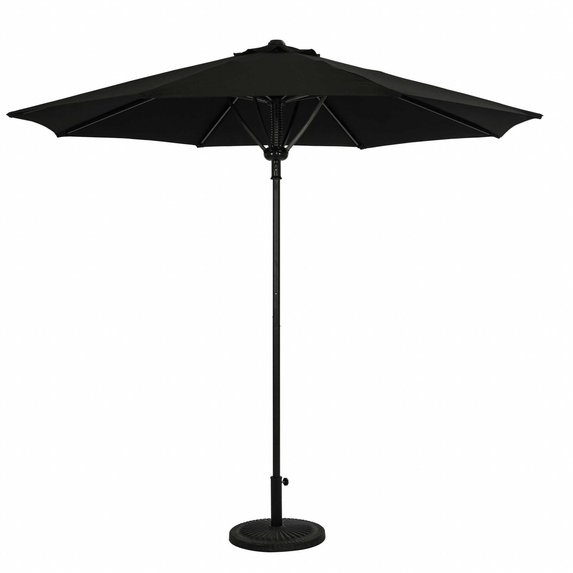 Patio Umbrella: Black, Aluminum, Push Button, 9 ft Overall Dia, 7 3/4 ft Overall Ht