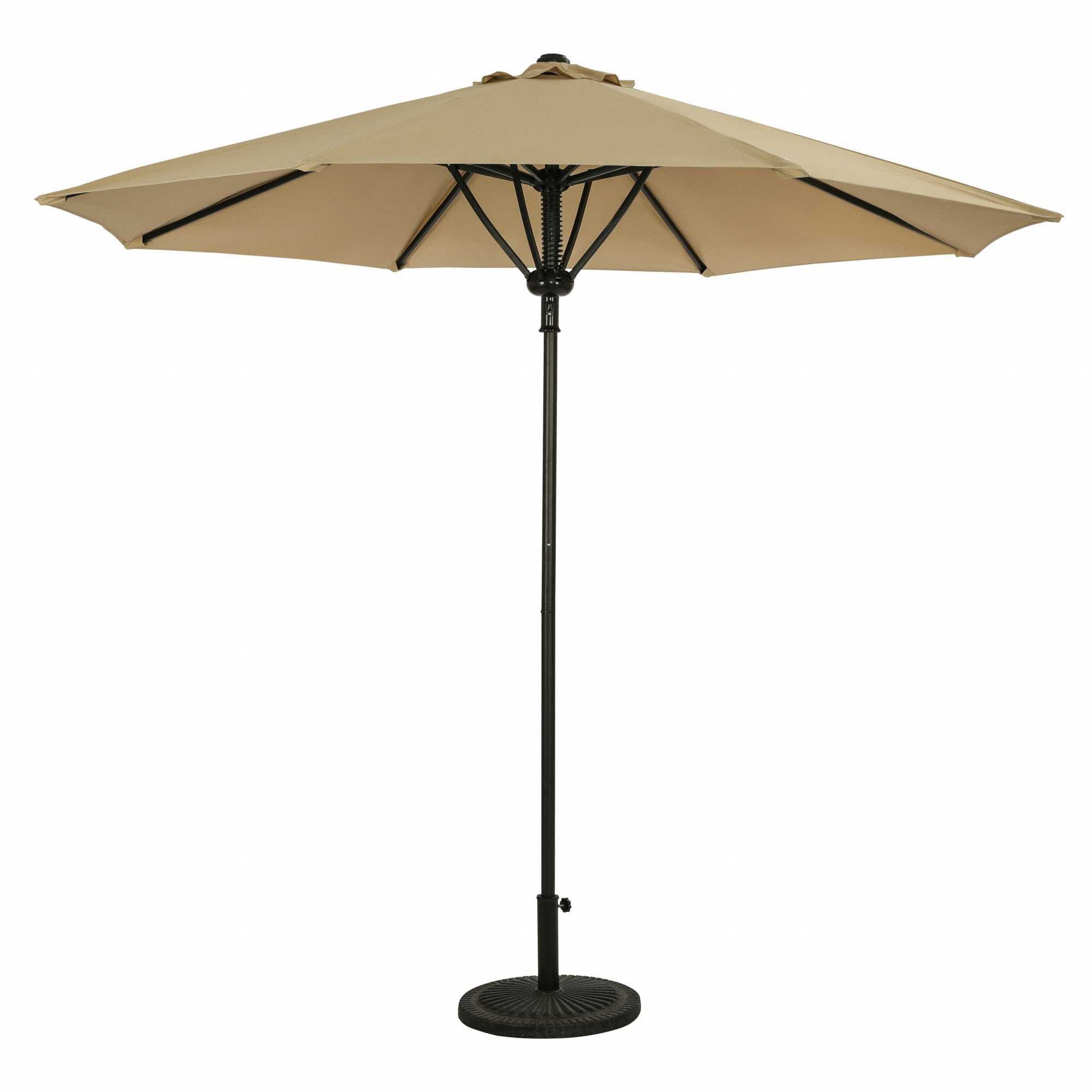 Patio Umbrella: Champagne, Aluminum, Push Button, 9 ft Overall Dia, Bronze