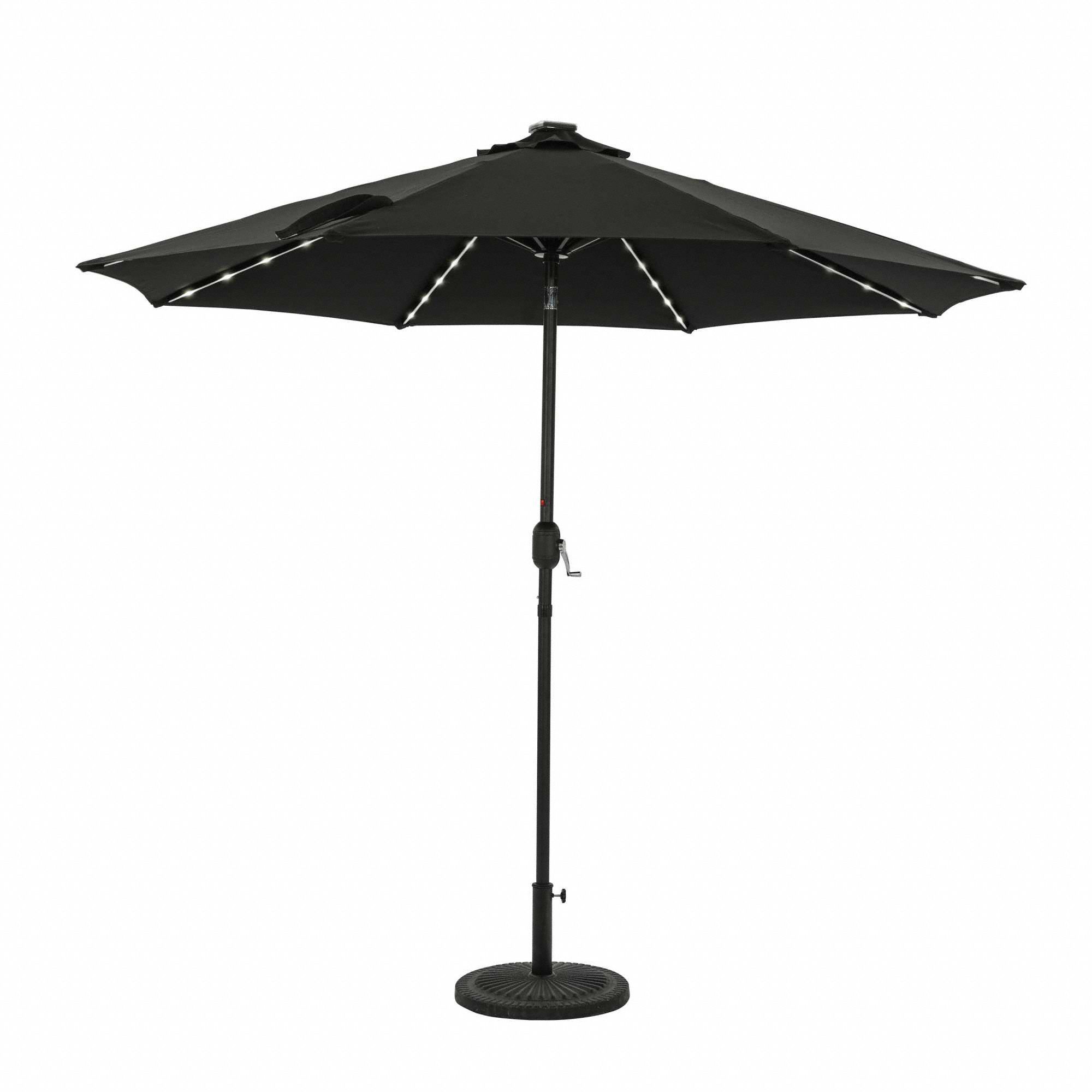 Patio Umbrella: Black, Aluminum, Hand Crank, 9 ft Overall Dia, 7 7/8 ft Overall Ht