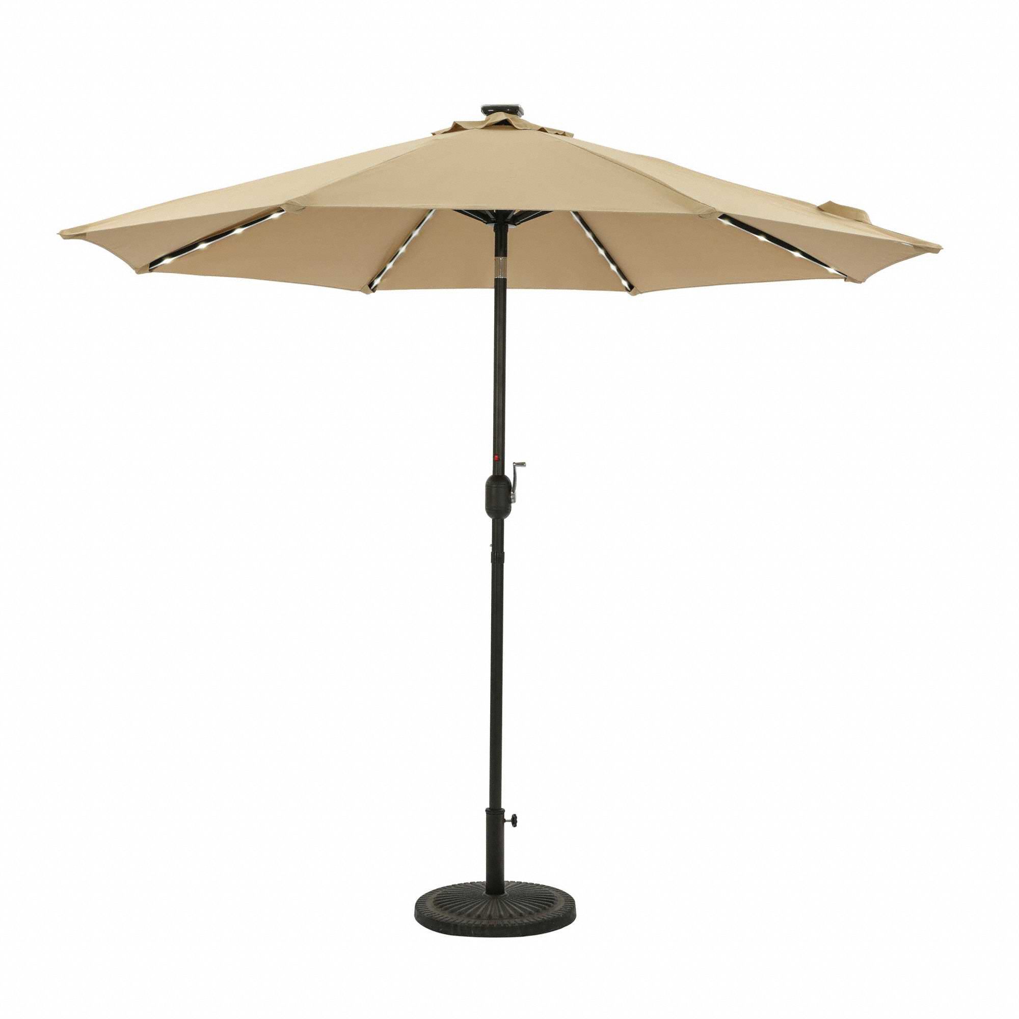 Patio Umbrella: Champagne, Aluminum, Hand Crank, 9 ft Overall Dia, Includes Lights
